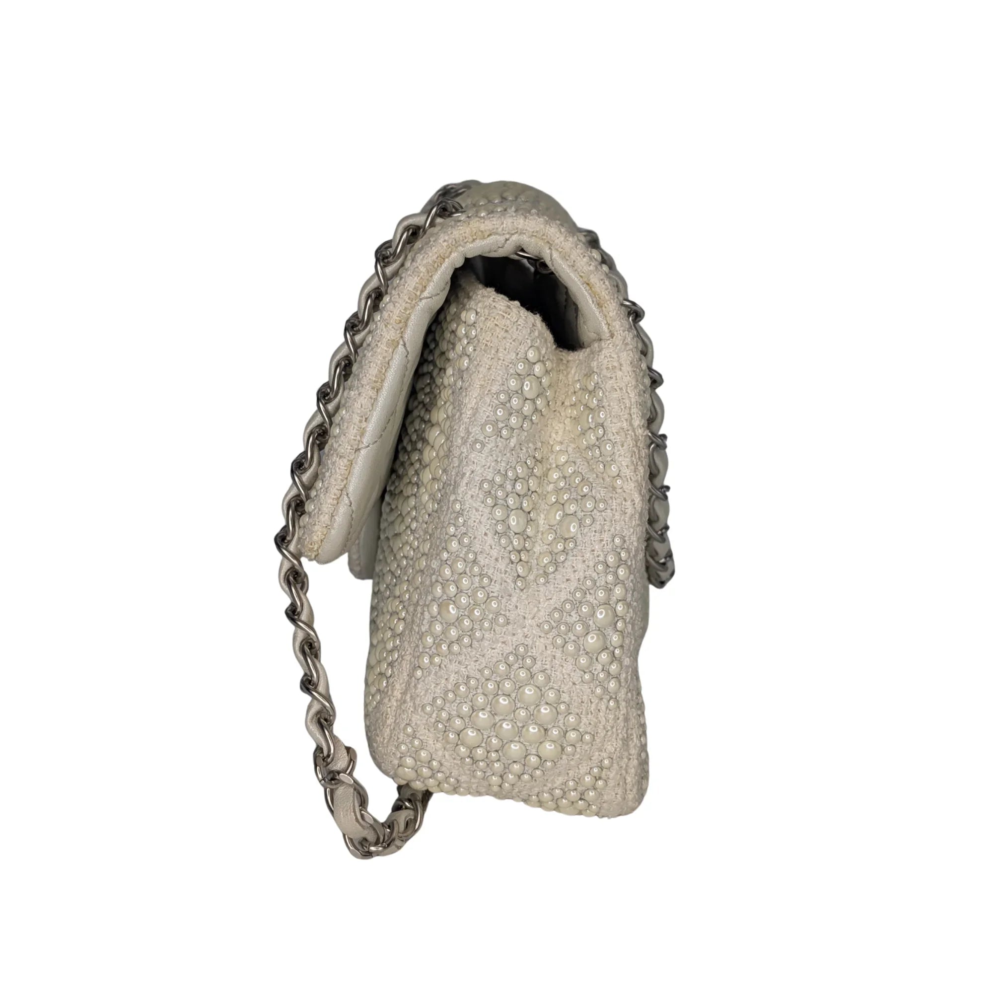Chanel Classic Flap Pearl Embellished Shoulder Bag White - Lost Designer