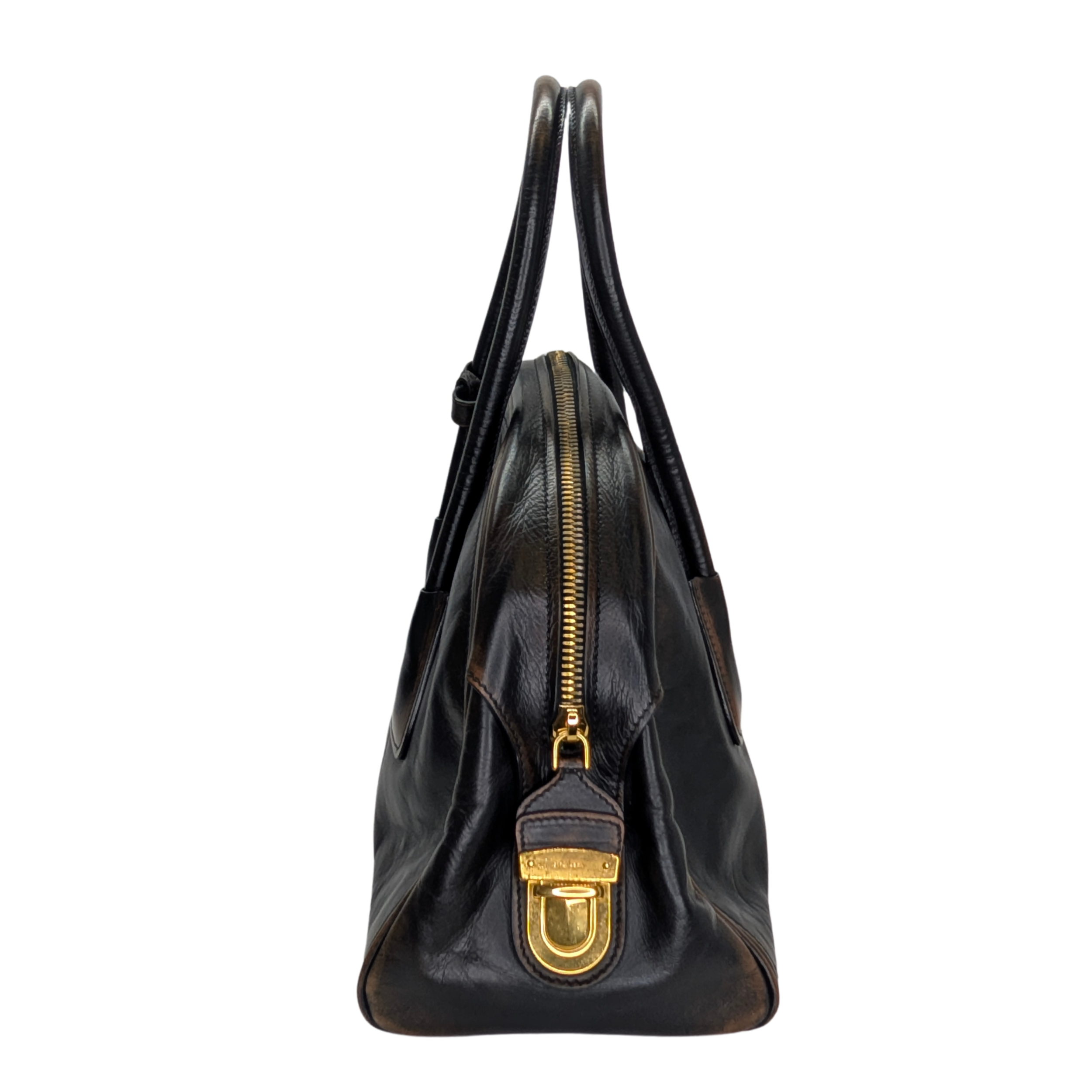 Prada Vitello Vintage Bowling Bag Distressed Black