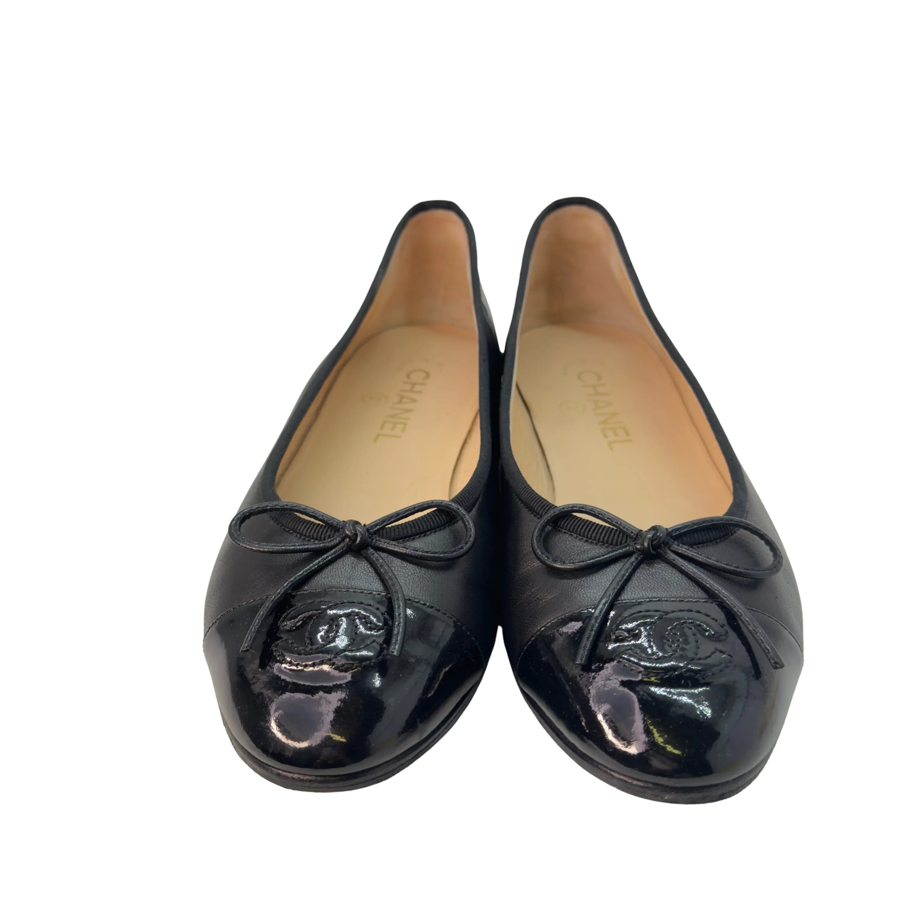Chanel Patent Leather Cap Toe Ballerina Flats Black 39.5 - Lost Designer