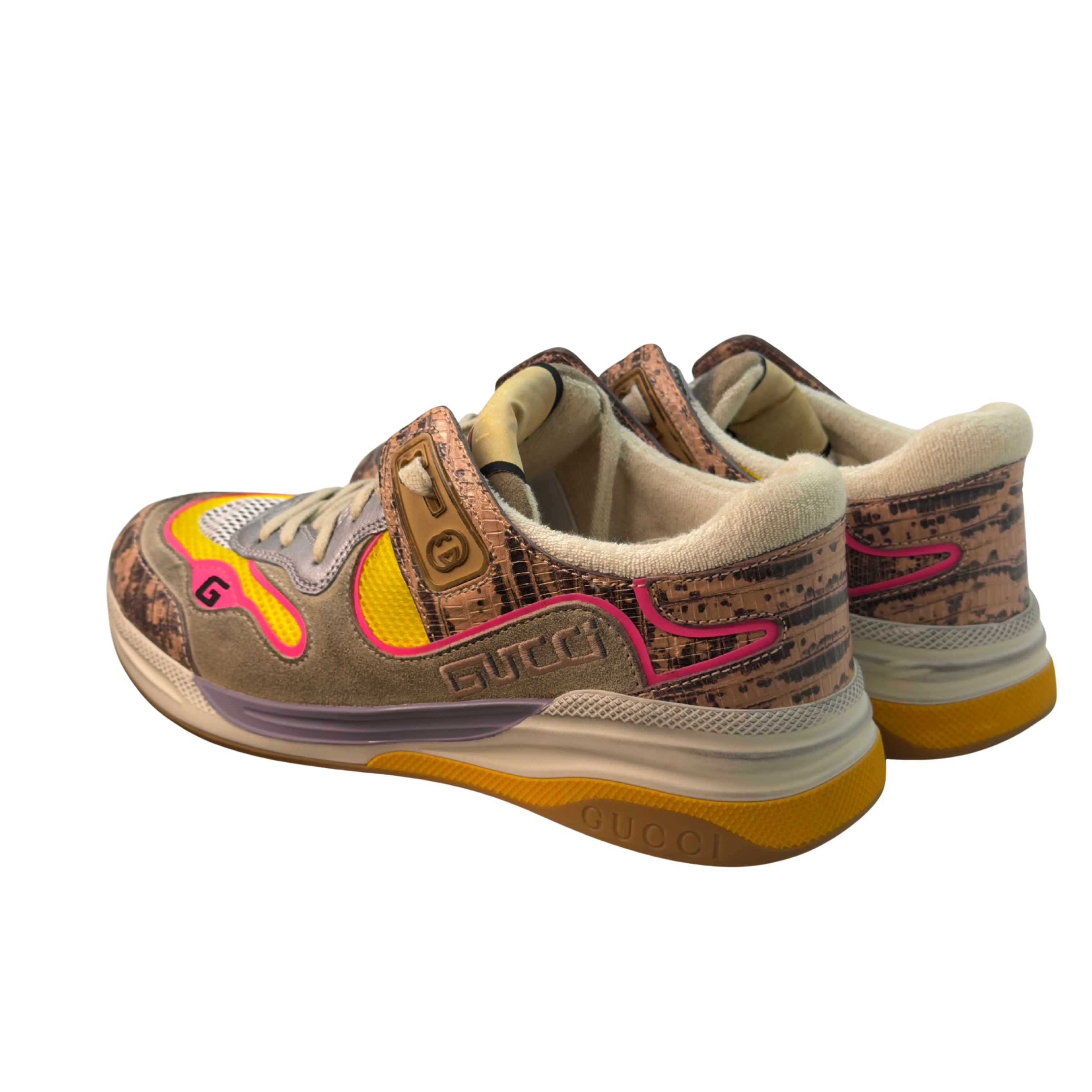 Gucci Suede Calfskin Tejus Printed Womens Ultrapace Sneakers Pink Silver Oatmeal Yolk 39