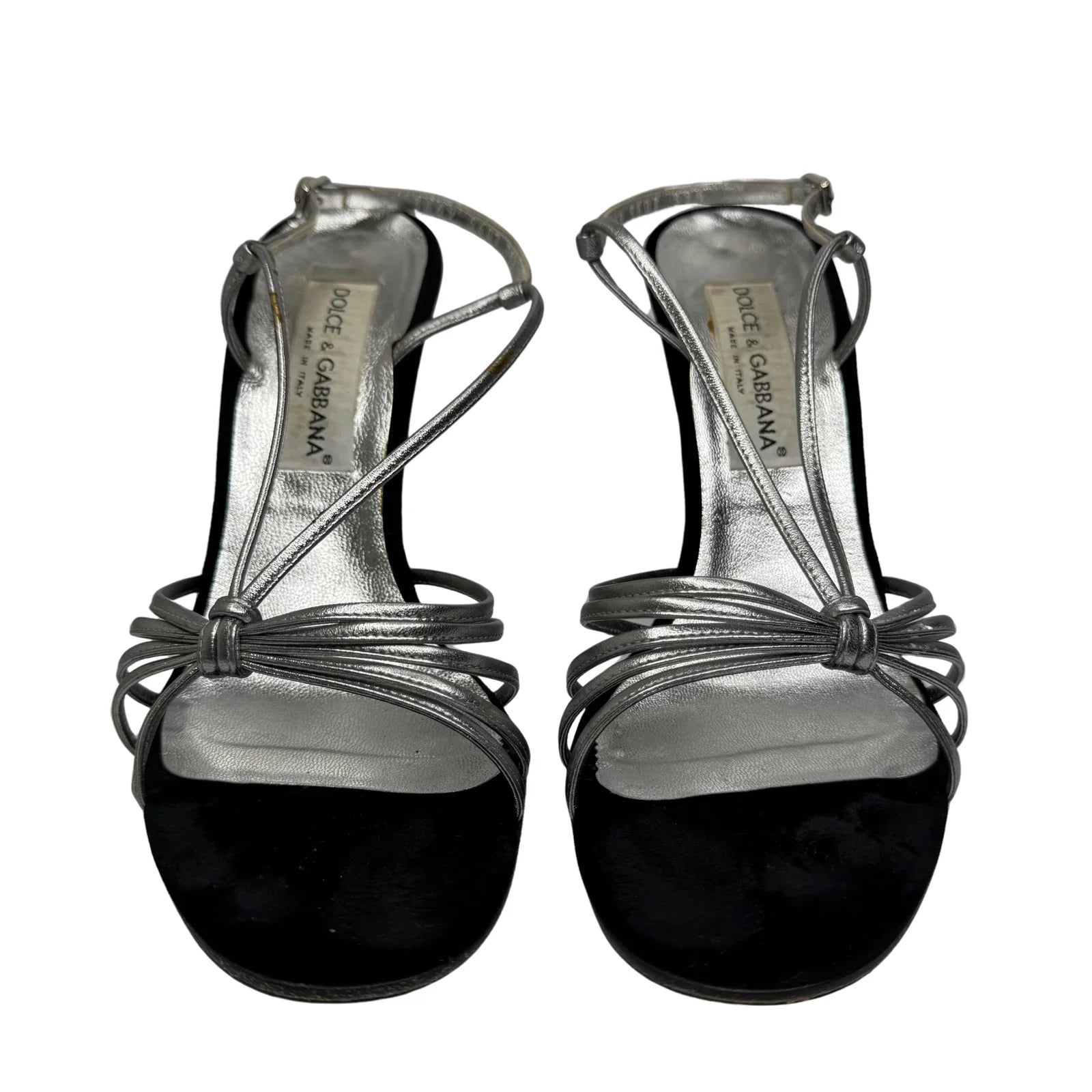 DOLCE & GABBANA Silver Metallic & Black Velvet Strappy Heels - Size 39.5 - Lost Designer