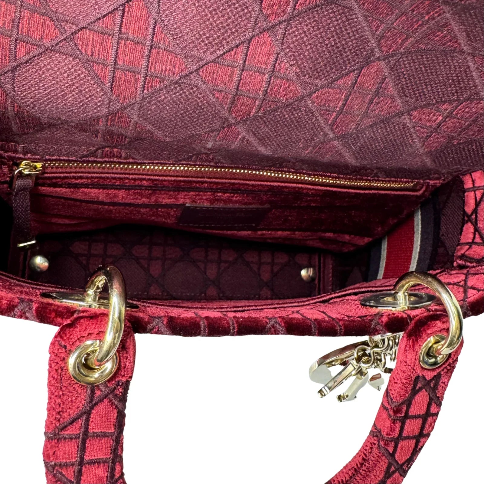 Christian Dior Velvet Cannage Medium Lady D-Lite Bag Burguandy