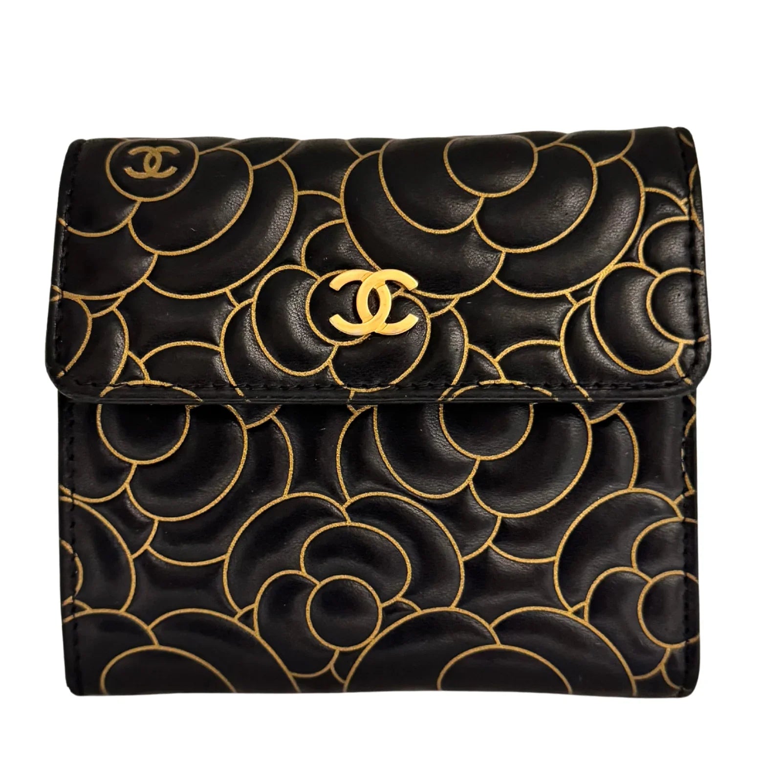 Chanel Lambskin Camellia Embossed Wallet in Black & Gold