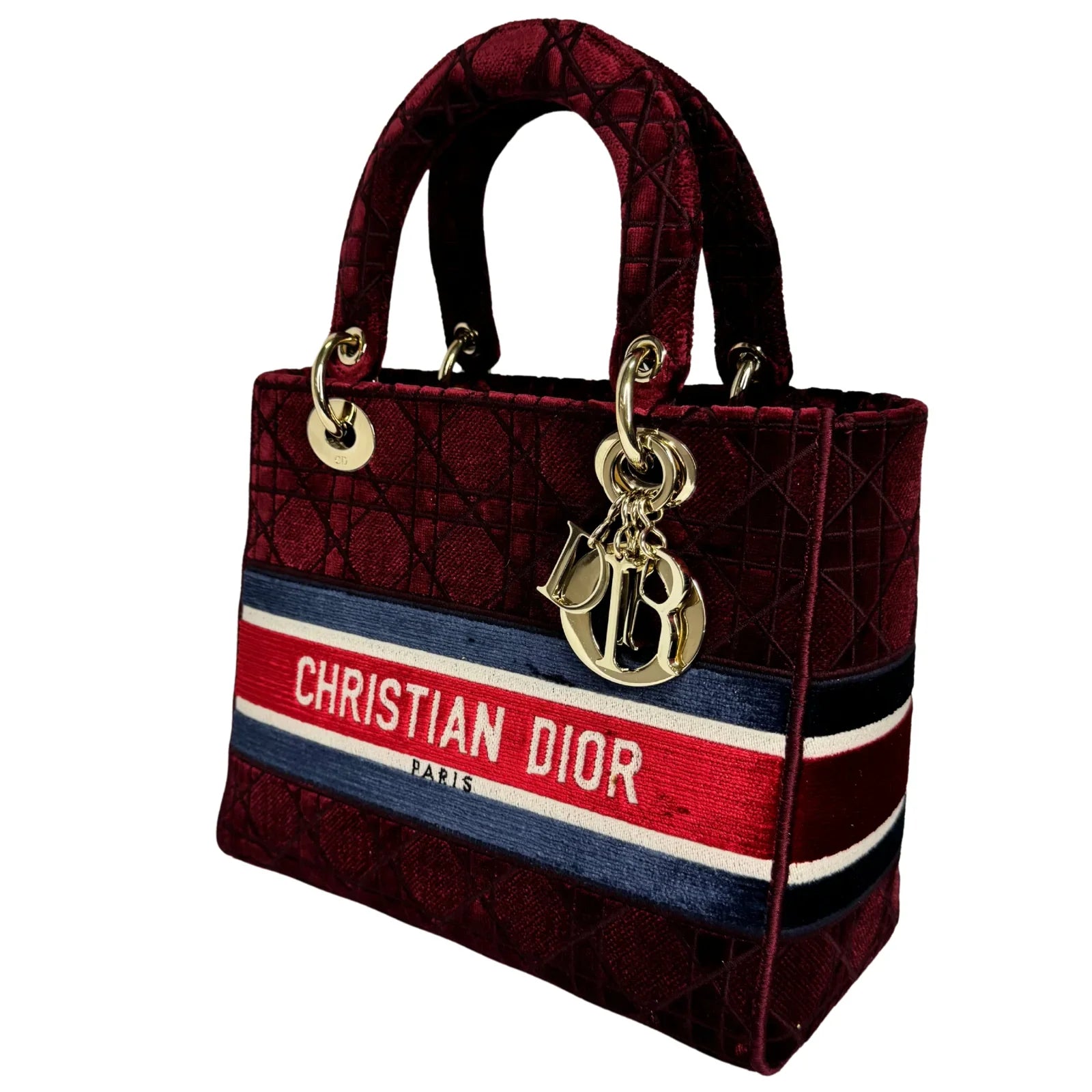 Christian Dior Velvet Cannage Medium Lady D-Lite Bag Burguandy