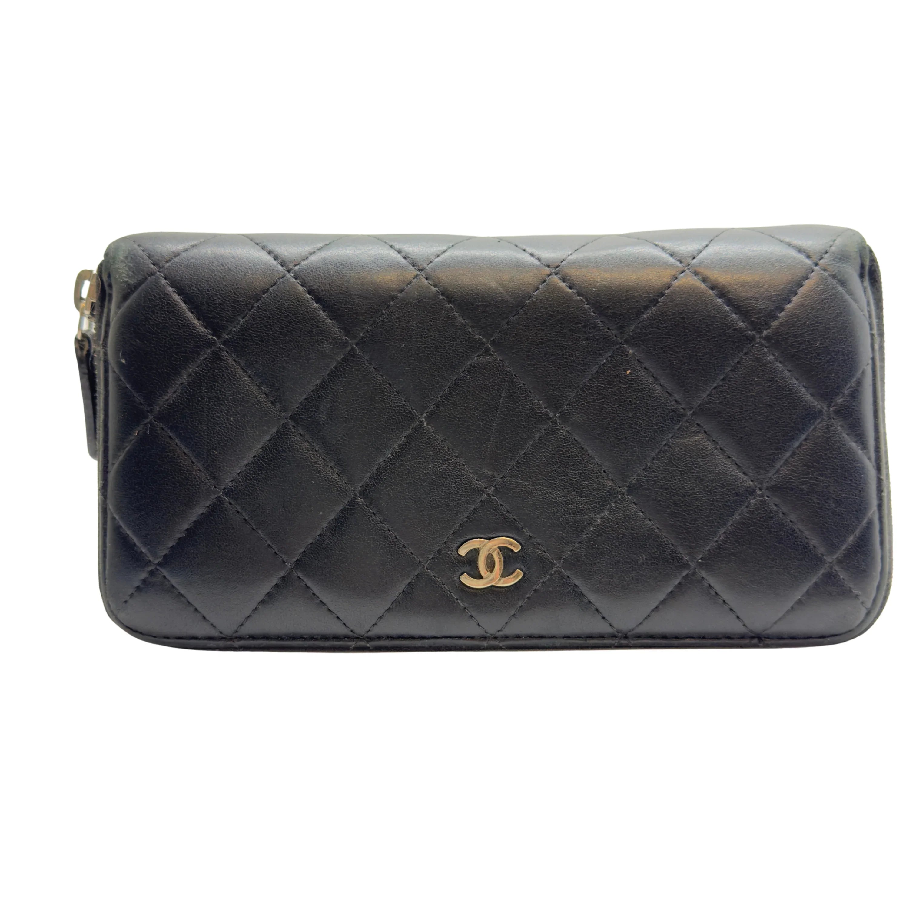 Chanel Lambskin Quilted Large Gusset Zip Around Wallet Black - Lost Designer