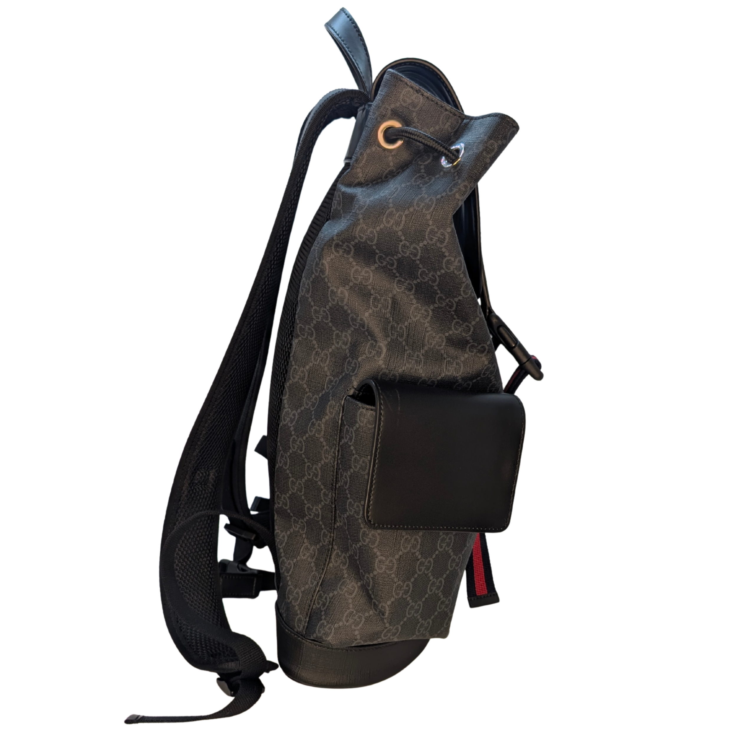 Gucci GG Supreme Monogram Calfskin Web Double Buckle Backpack Black