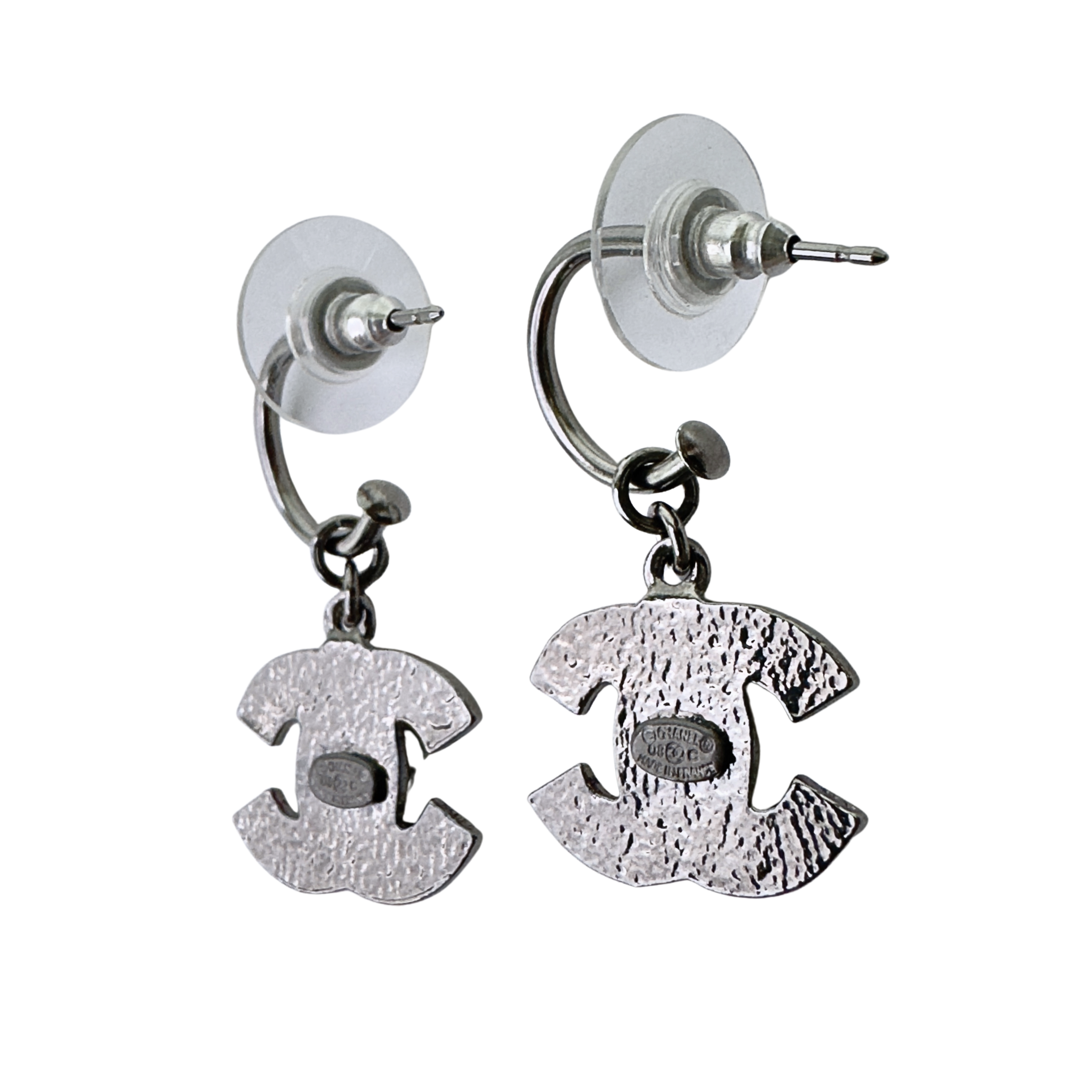 Chanel Gunmetal CC Peach Crystal Rim Hoop Earrings