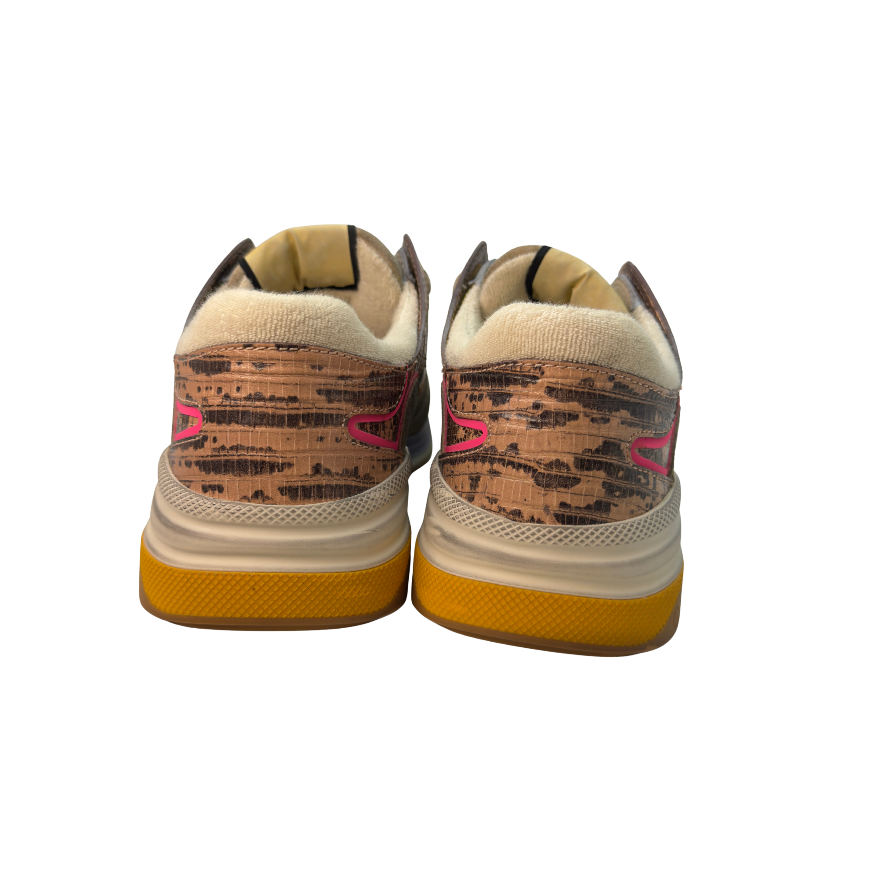 Gucci Suede Calfskin Tejus Printed Womens Ultrapace Sneakers Pink Silver Oatmeal Yolk 39