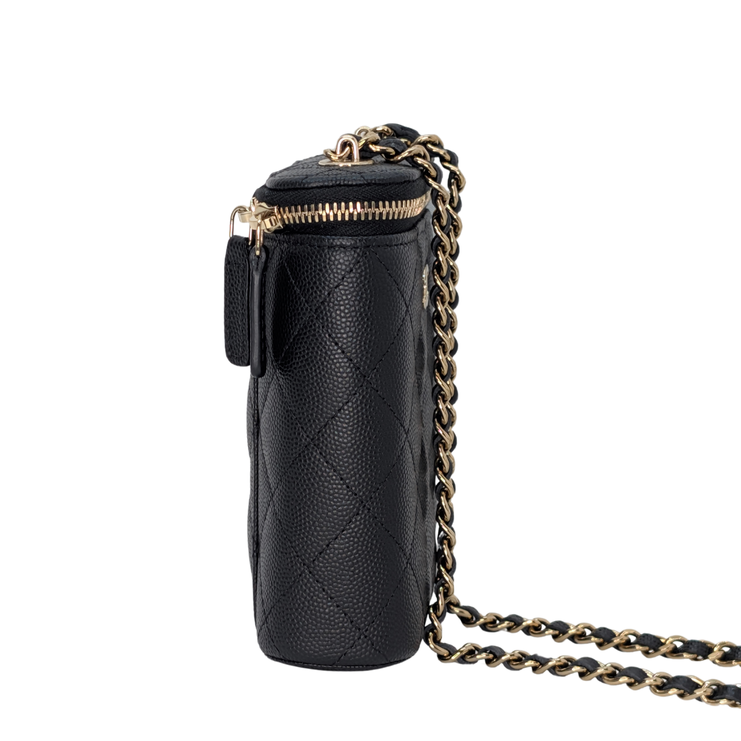 Chanel Caviar Quilted Small Vertical Coco Beauty Vanity Case with Chain Black