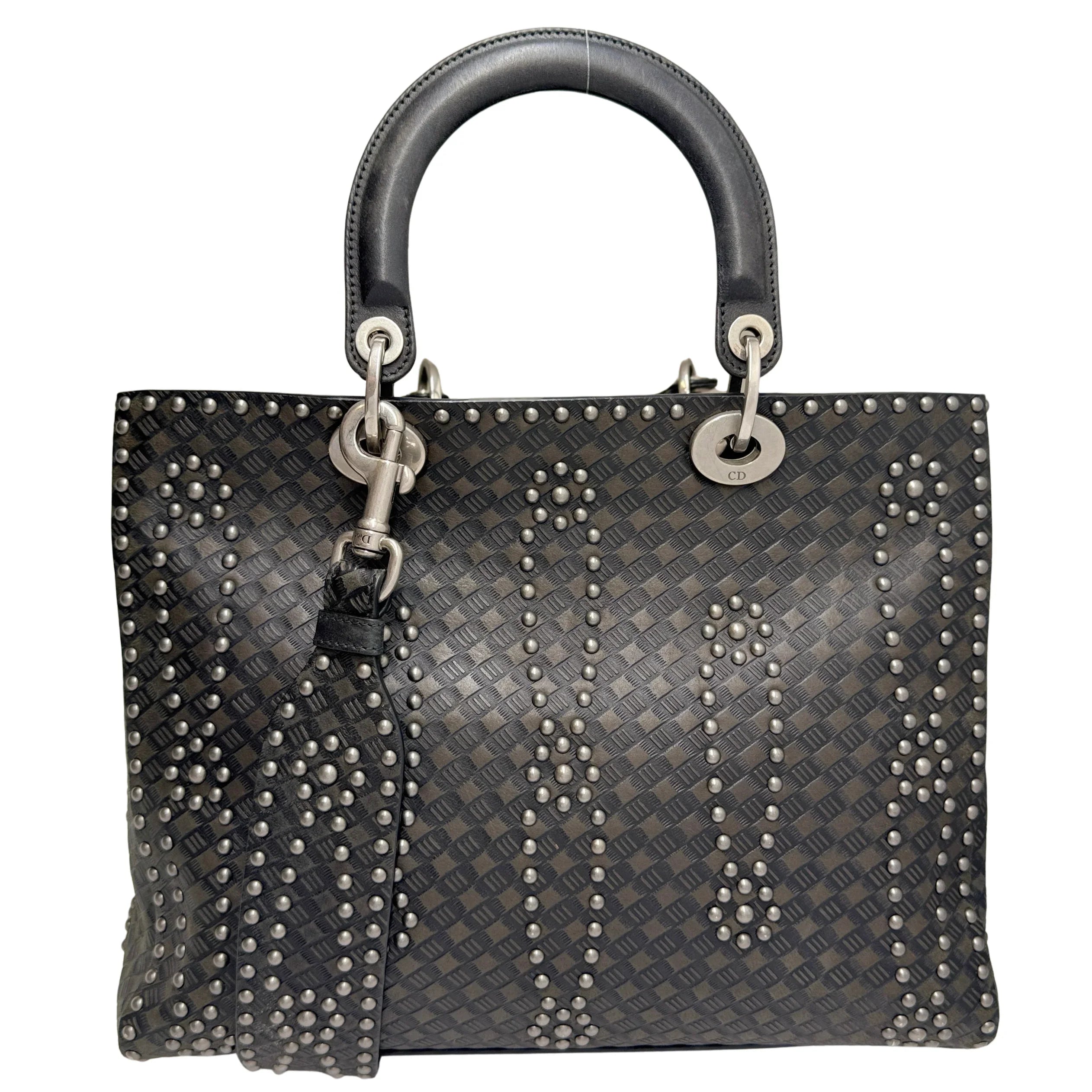 Christian Dior Large Lady Dior Studded Handbag Black - Lost Designer