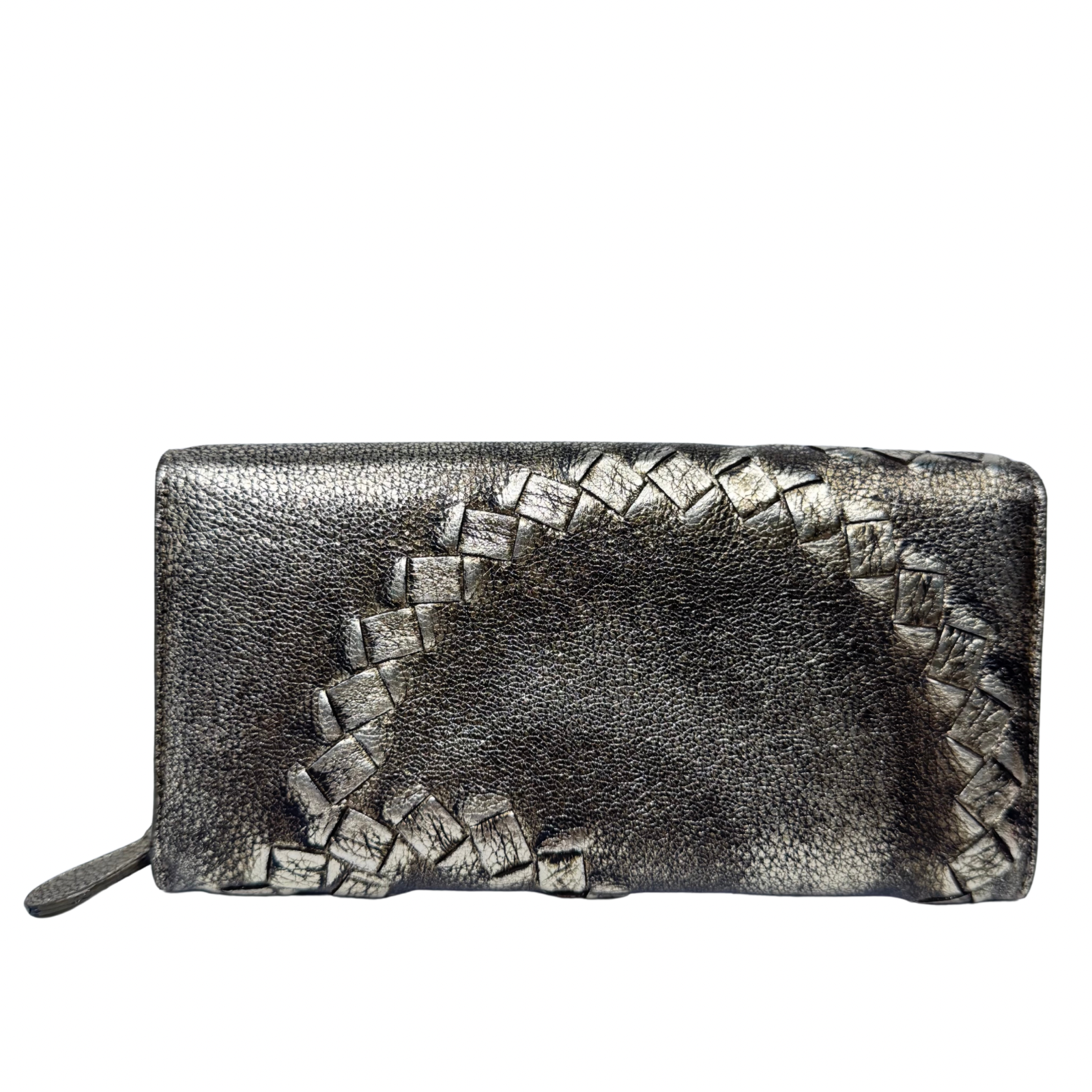 Bottega Veneta Metallic Pewter Woven and Pebbled Leather Long Wallet