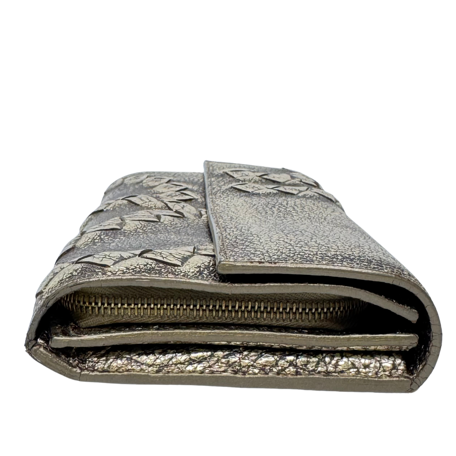 Bottega Veneta Metallic Pewter Woven and Pebbled Leather Long Wallet