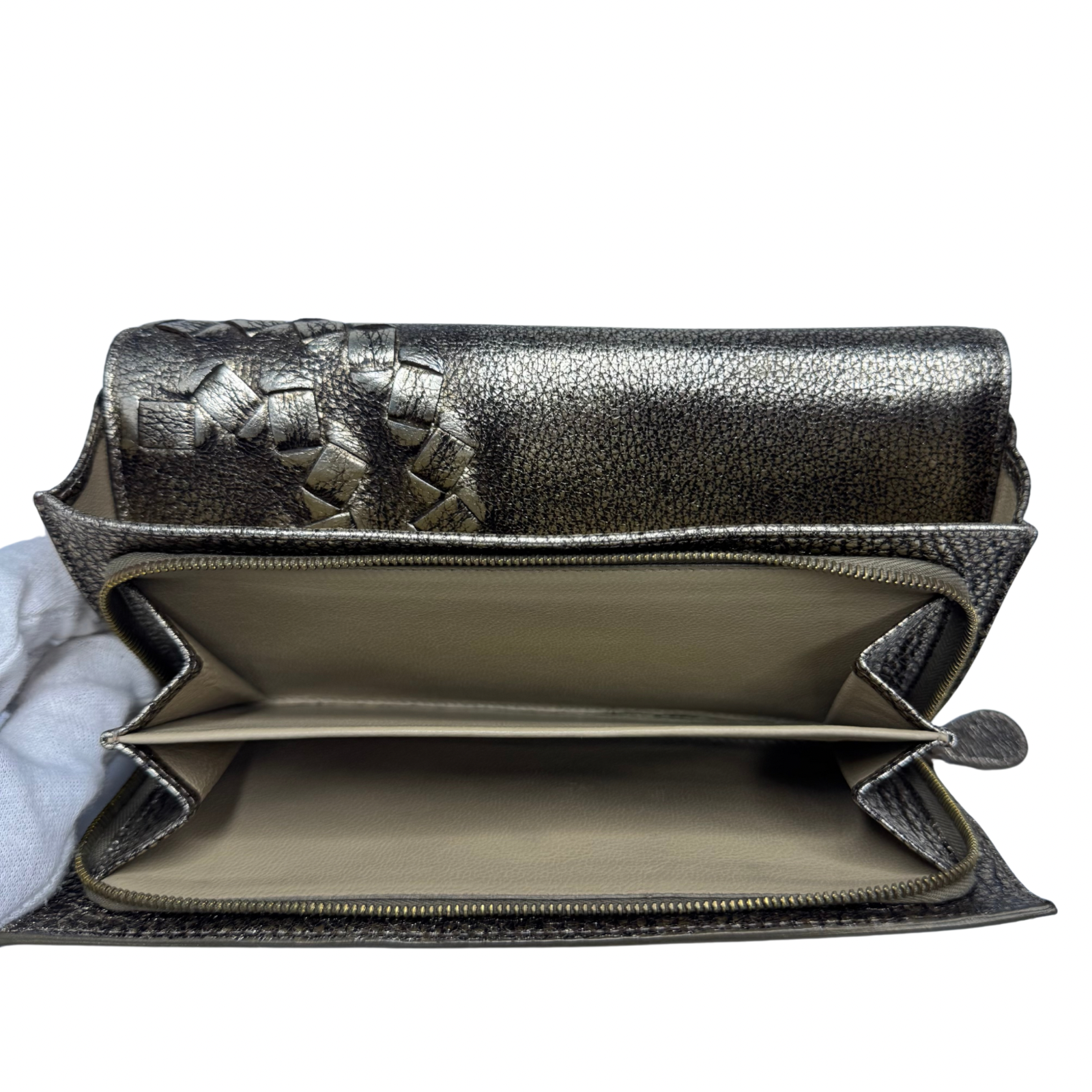 Bottega Veneta Metallic Pewter Woven and Pebbled Leather Long Wallet
