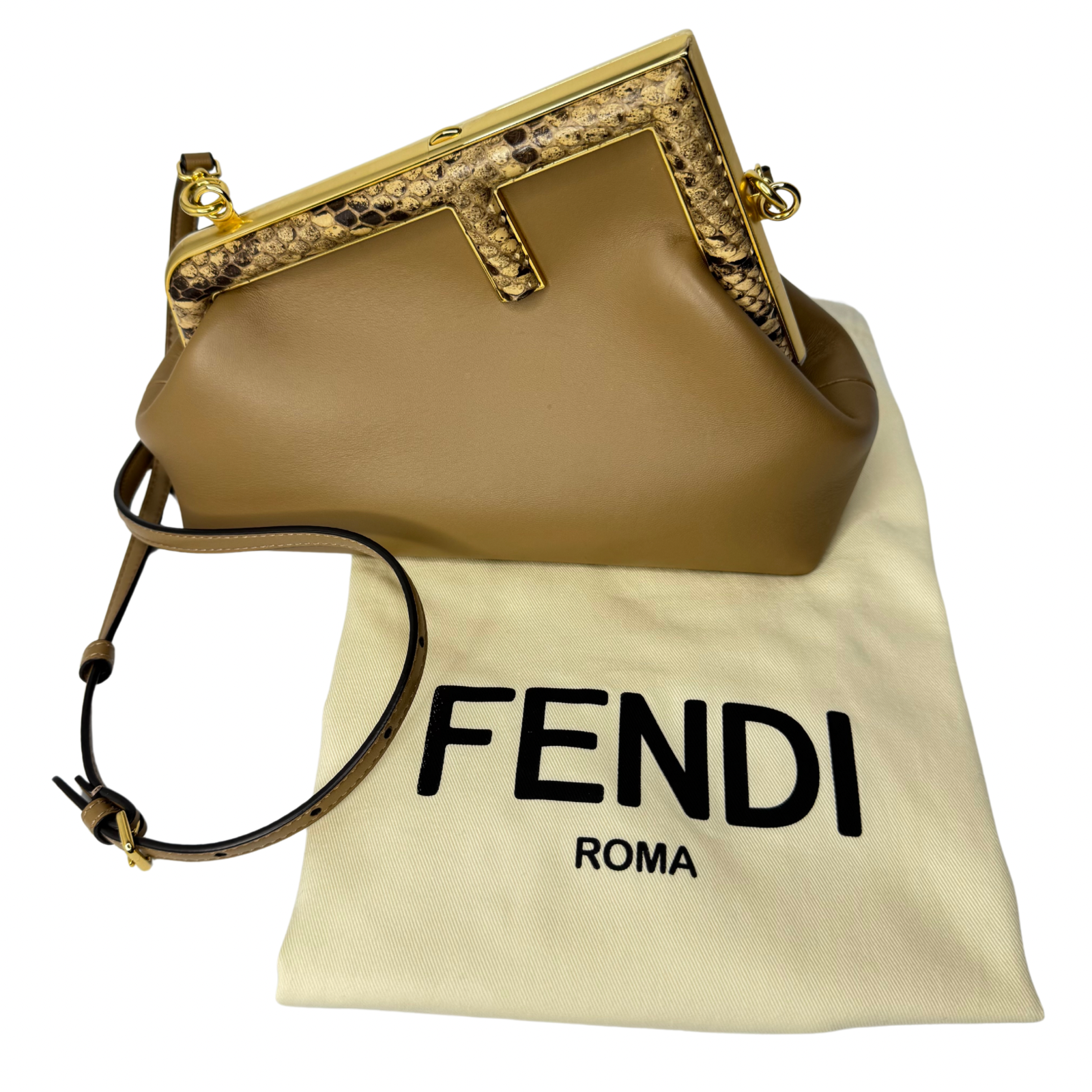 Fendi First Small Shiny Nappa Beige Snakeskin Lambskin Crossbody Bag