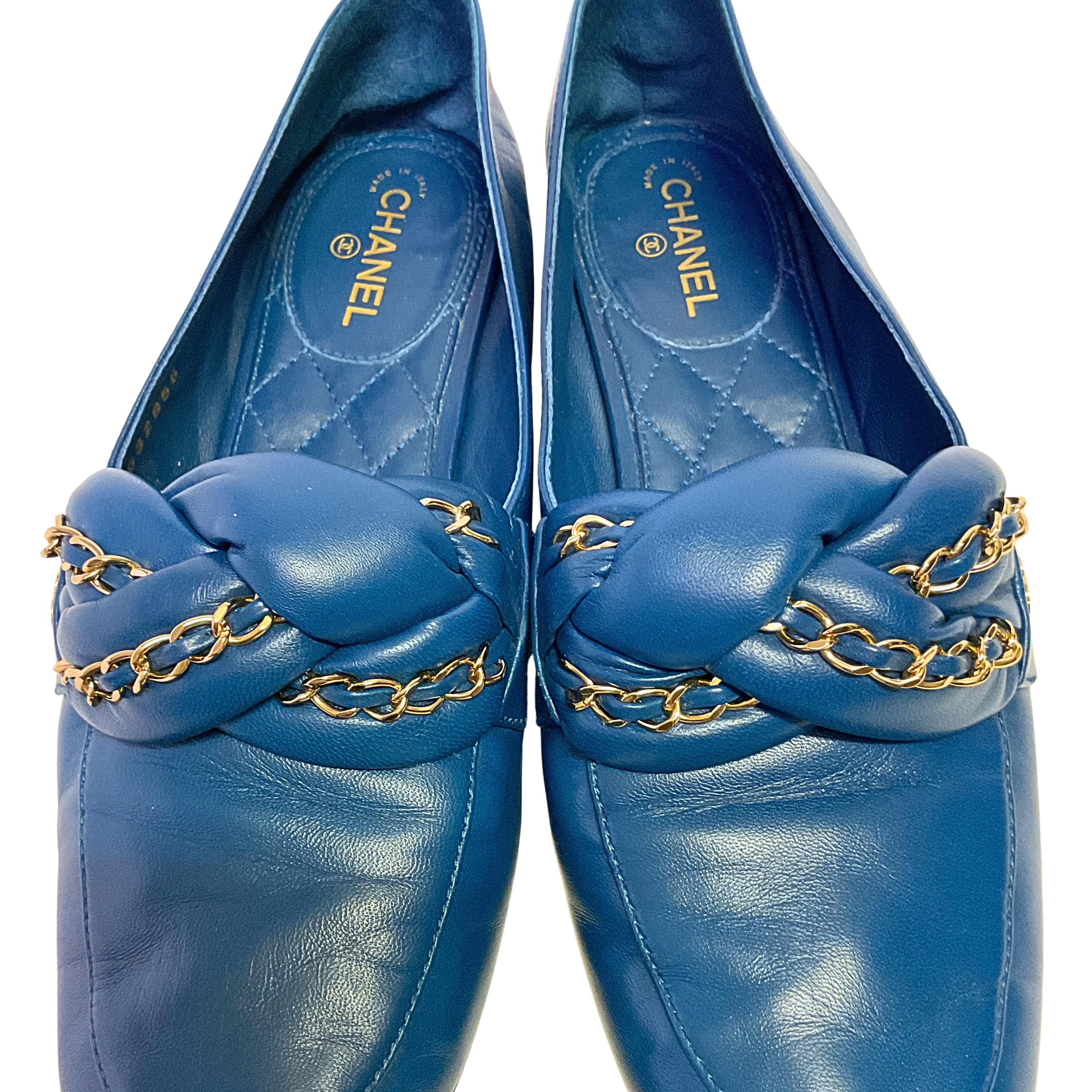 Chanel Braided Interlocking CC Loafers Blue Flats Size 38