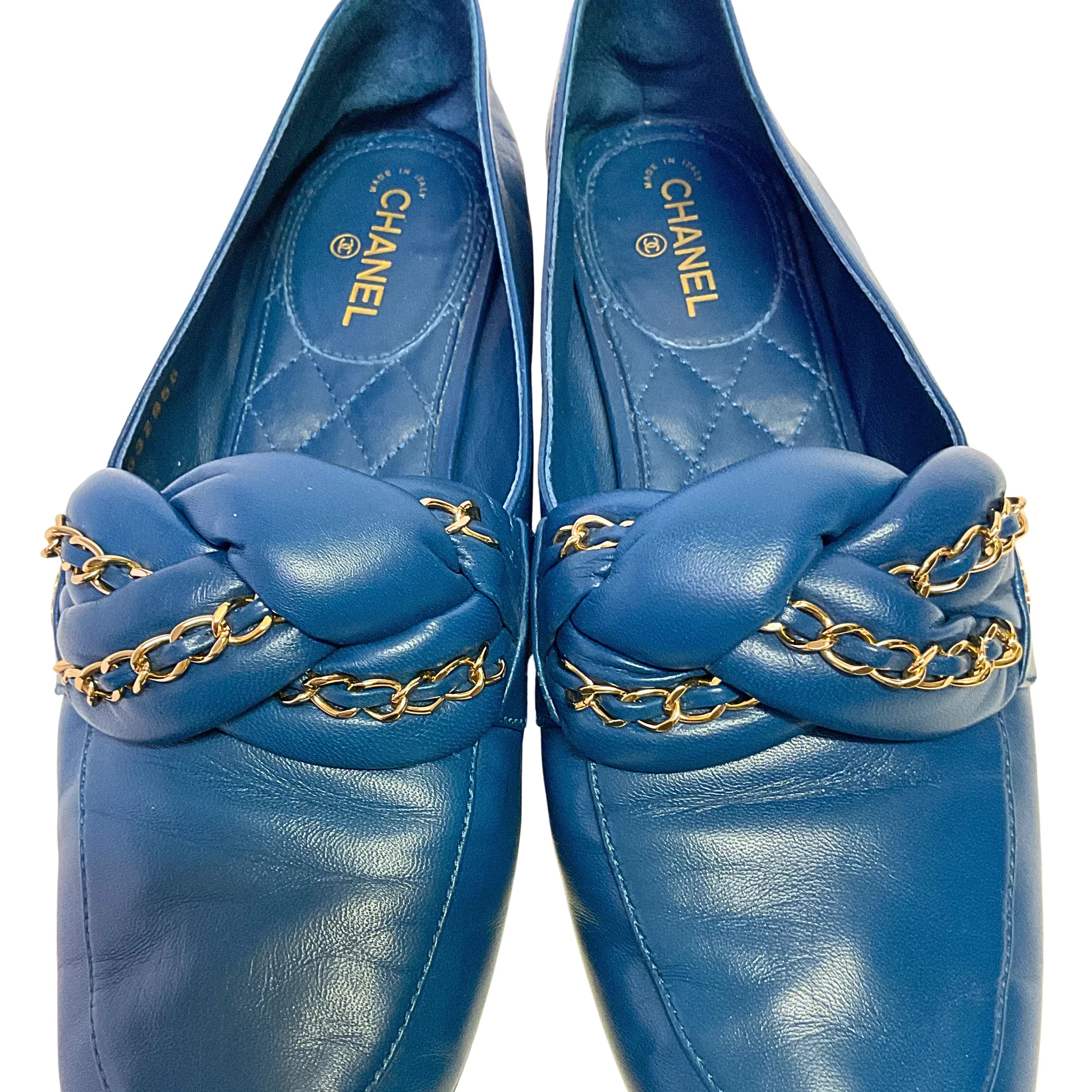 Chanel Braided Interlocking CC Loafers Blue Flats Size 38 - Lost Designer