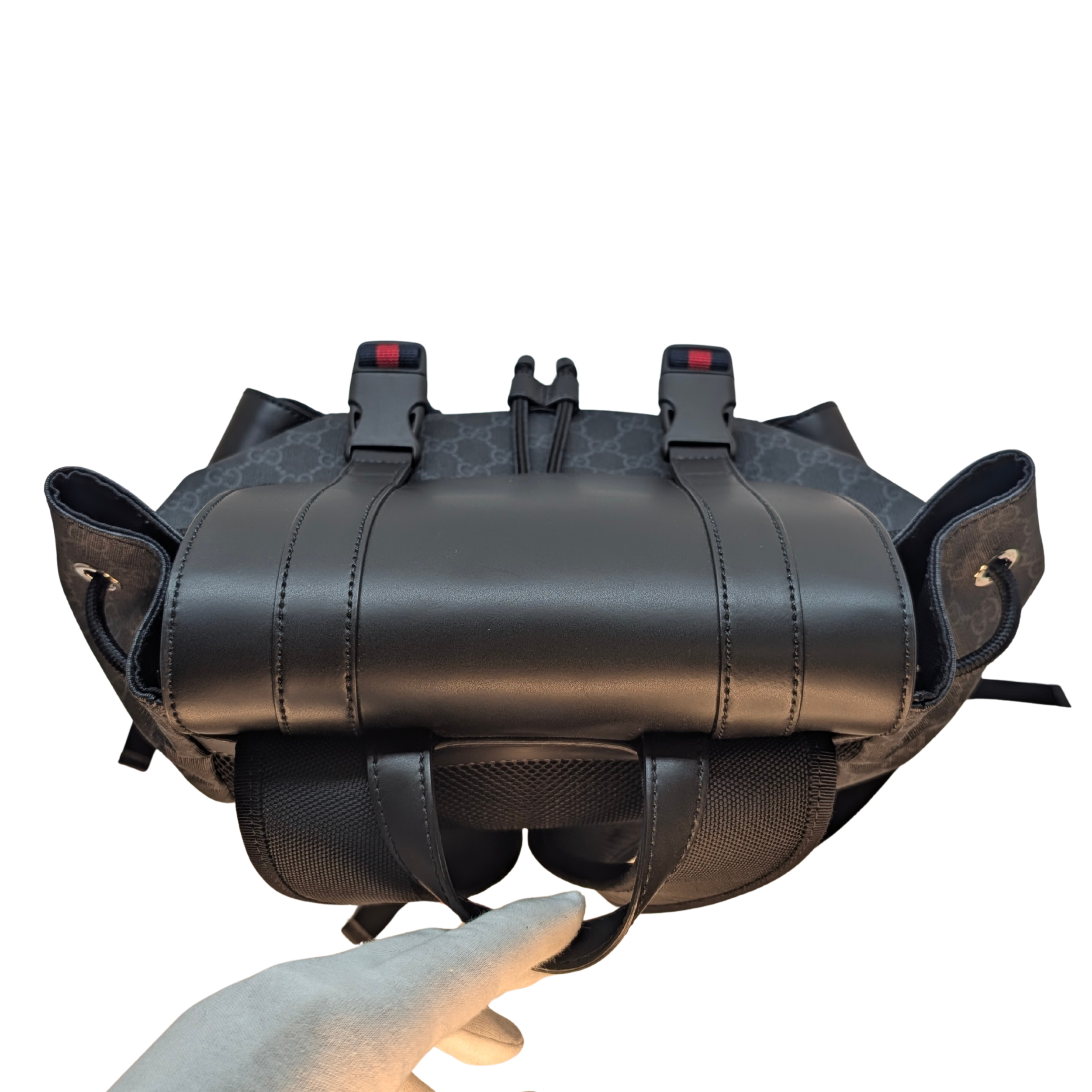 Gucci GG Supreme Monogram Calfskin Web Double Buckle Backpack Black