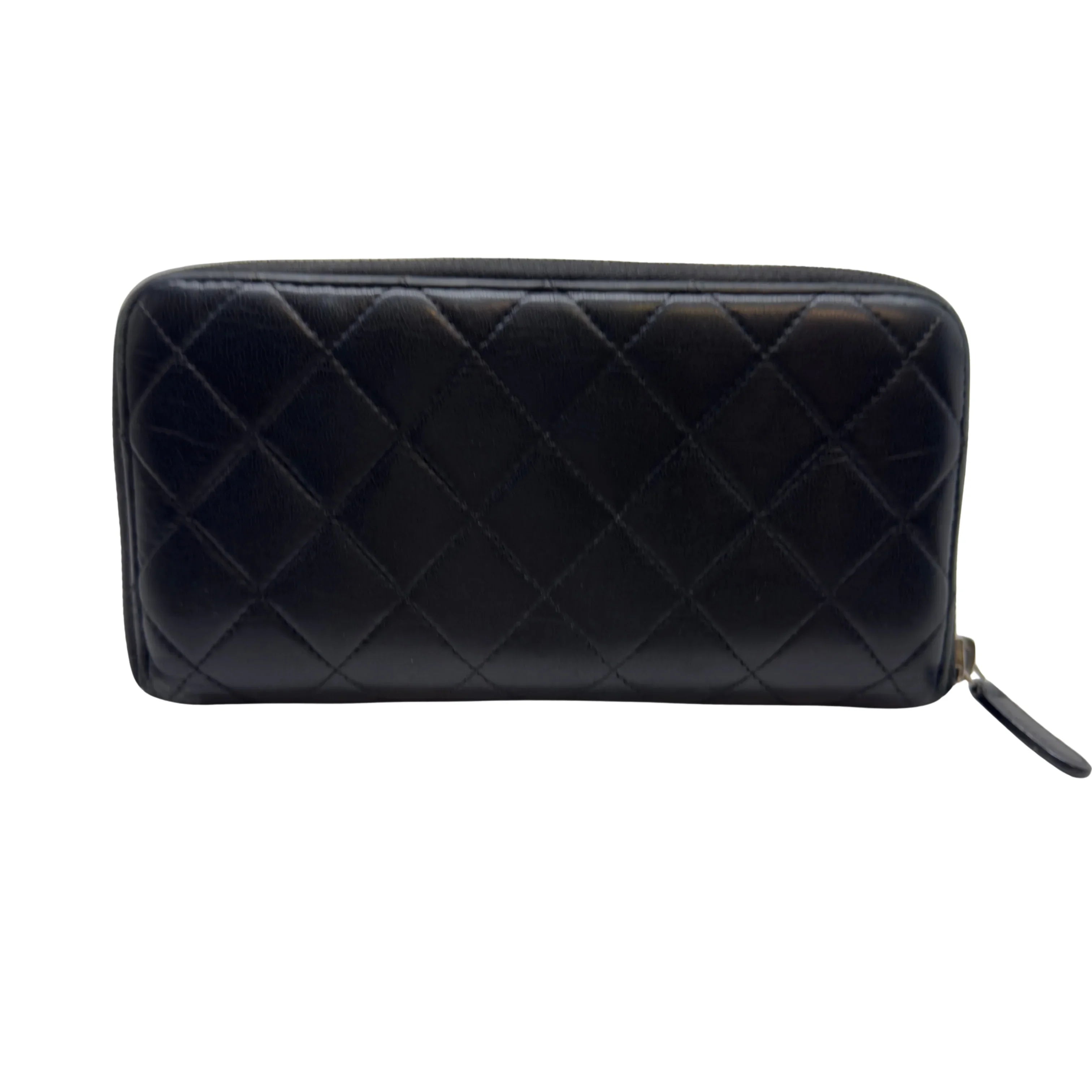Chanel Lambskin Quilted Large Gusset Zip Around Wallet Black - Lost Designer