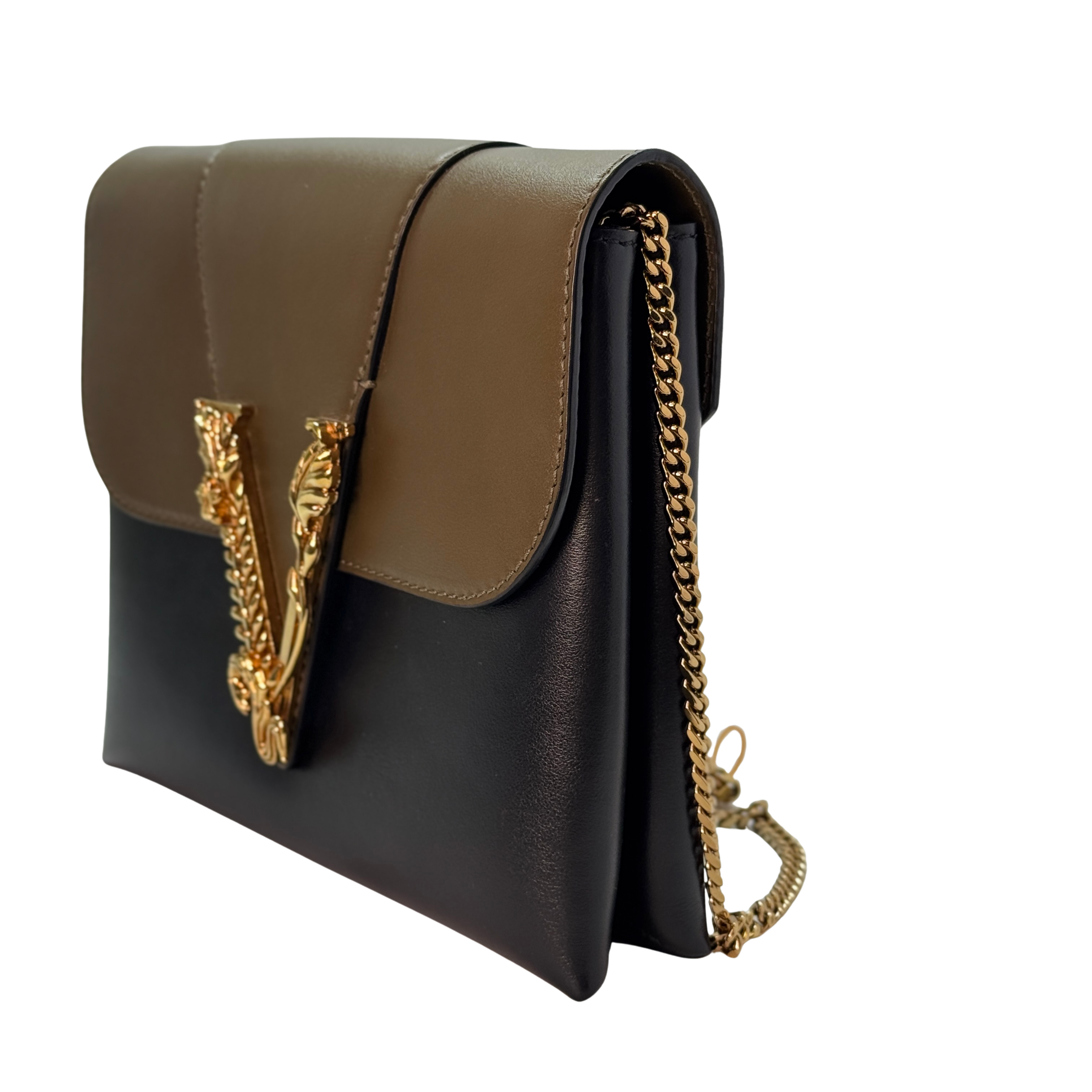Versace Vitello Virtus Chain Clutch Brown/Black