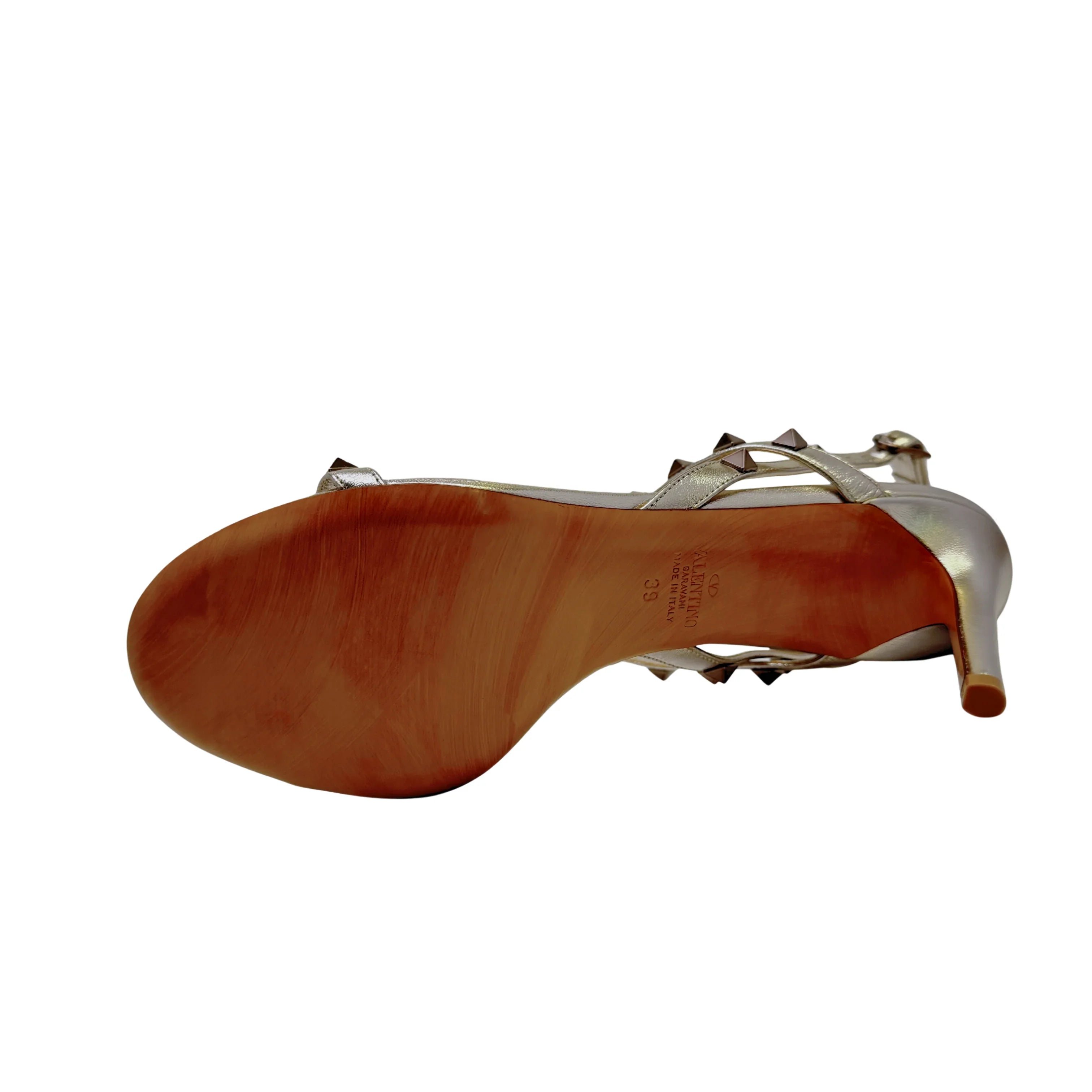 Valentino Metallic Nappa Rockstud T-Strap Slingback Sandals Heels, 39