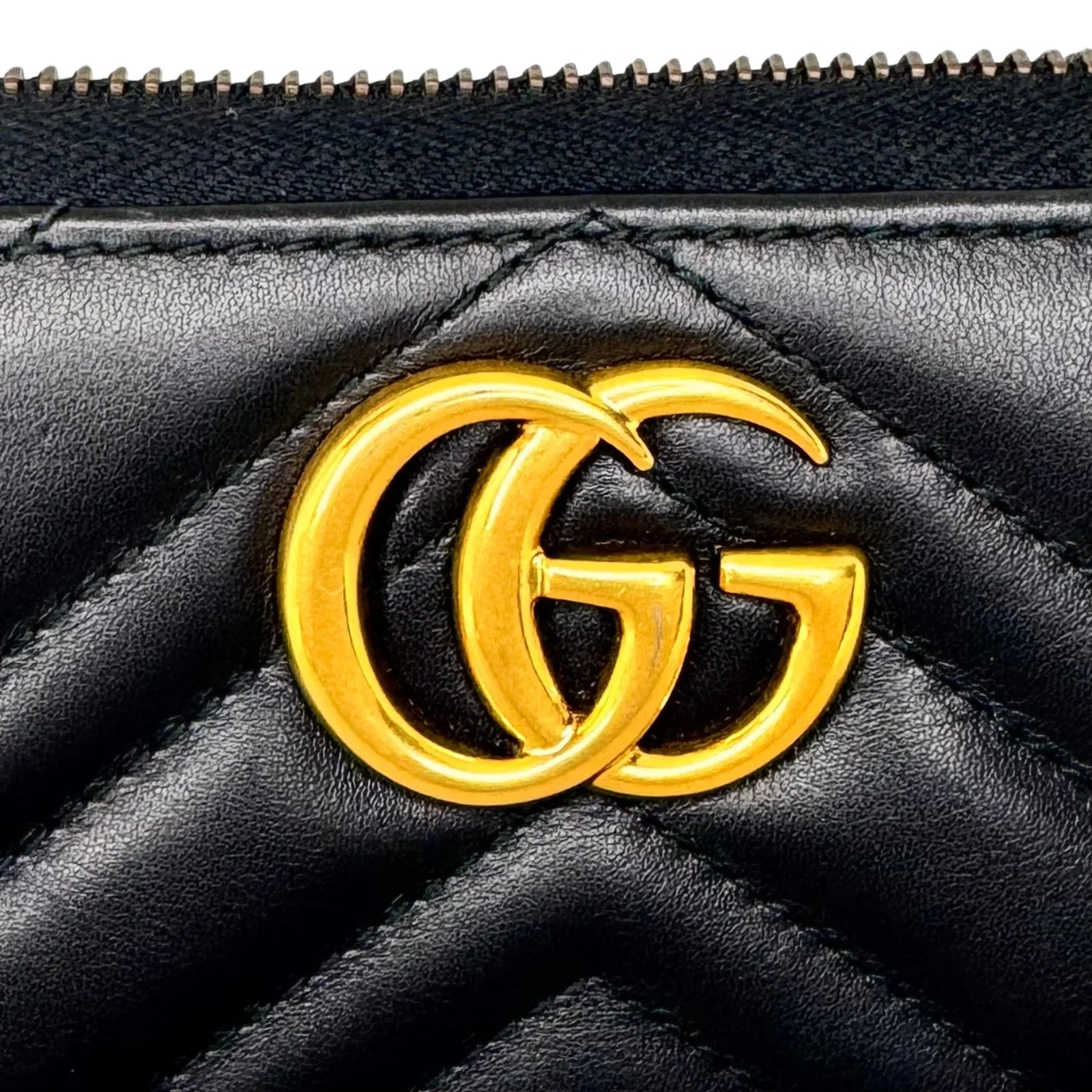Gucci GG Marmont Zip-Around Long Wallet Black Matelassé Chevron Leather