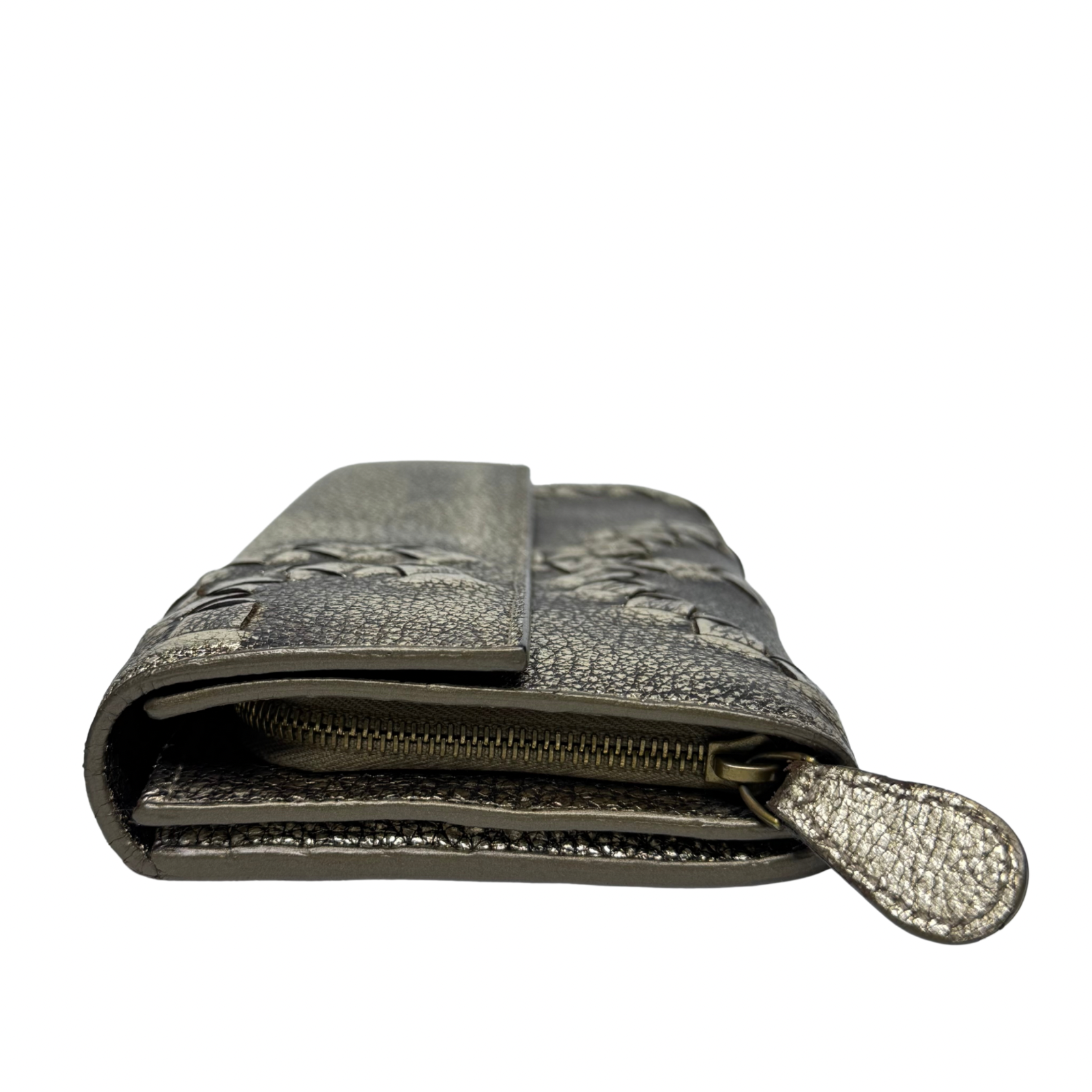 Bottega Veneta Metallic Pewter Woven and Pebbled Leather Long Wallet