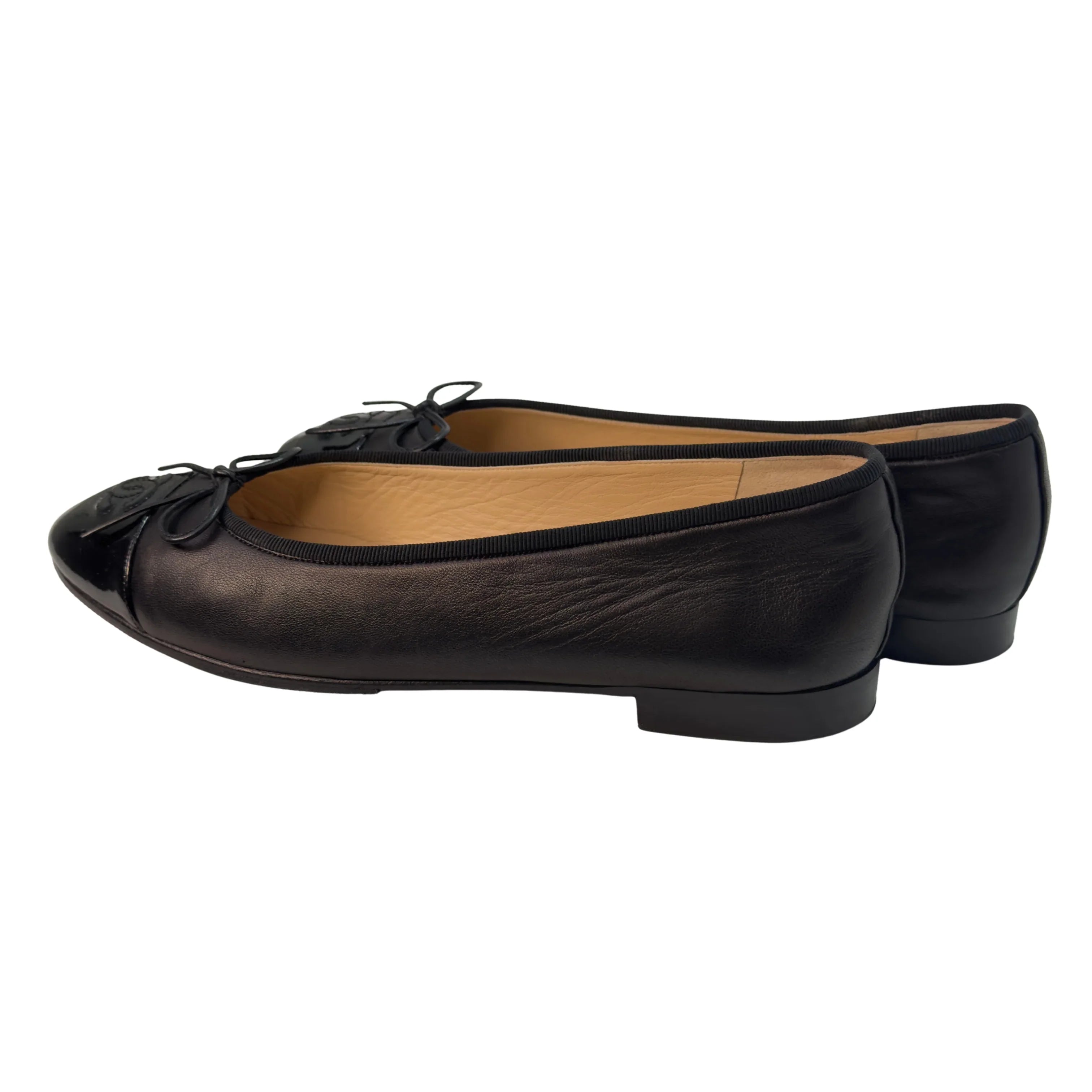 Chanel Patent Leather Cap Toe Ballerina Flats Black 39.5 - Lost Designer