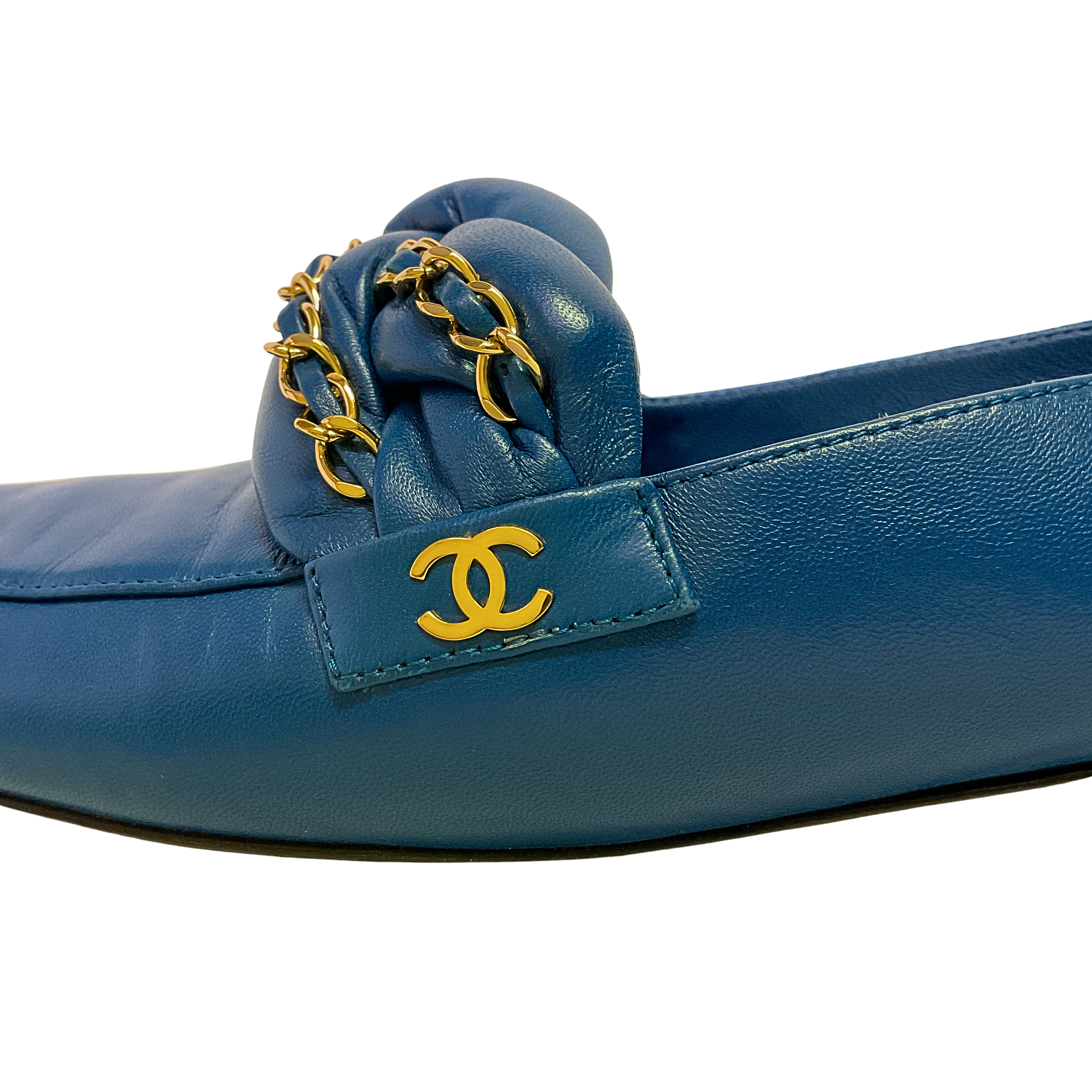 Chanel Braided Interlocking CC Loafers Blue Flats Size 38