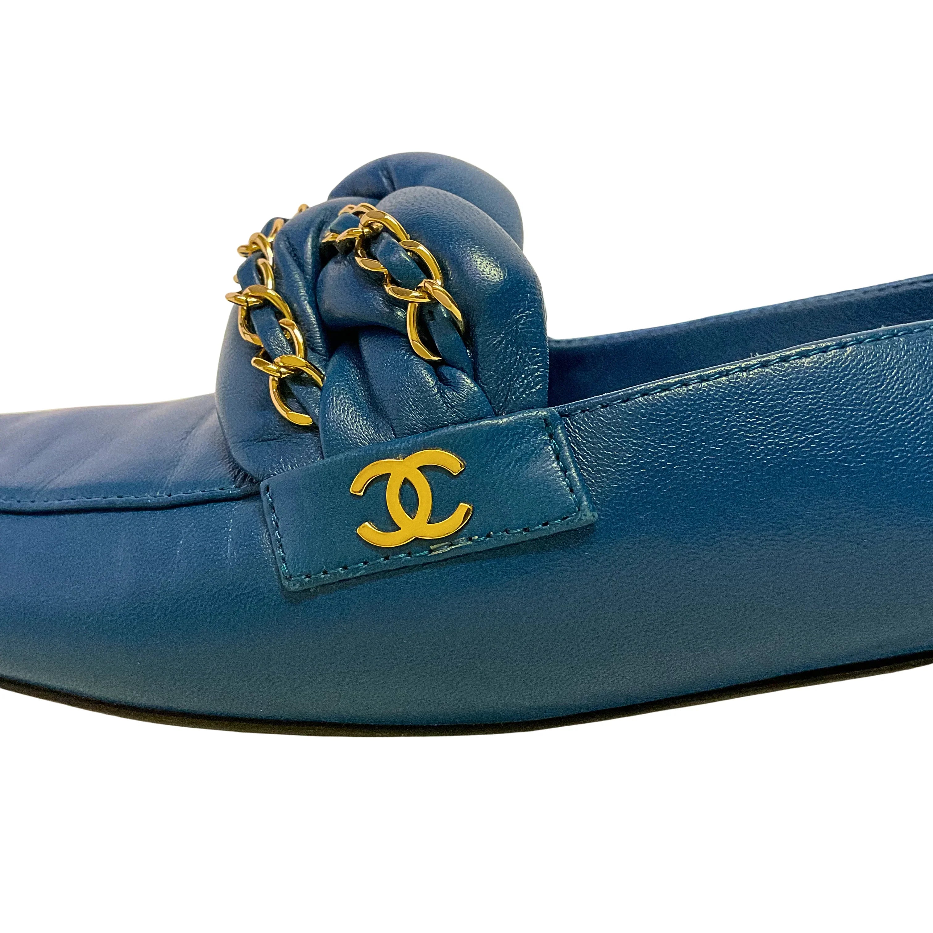 Chanel Braided Interlocking CC Loafers Blue Flats Size 38 - Lost Designer