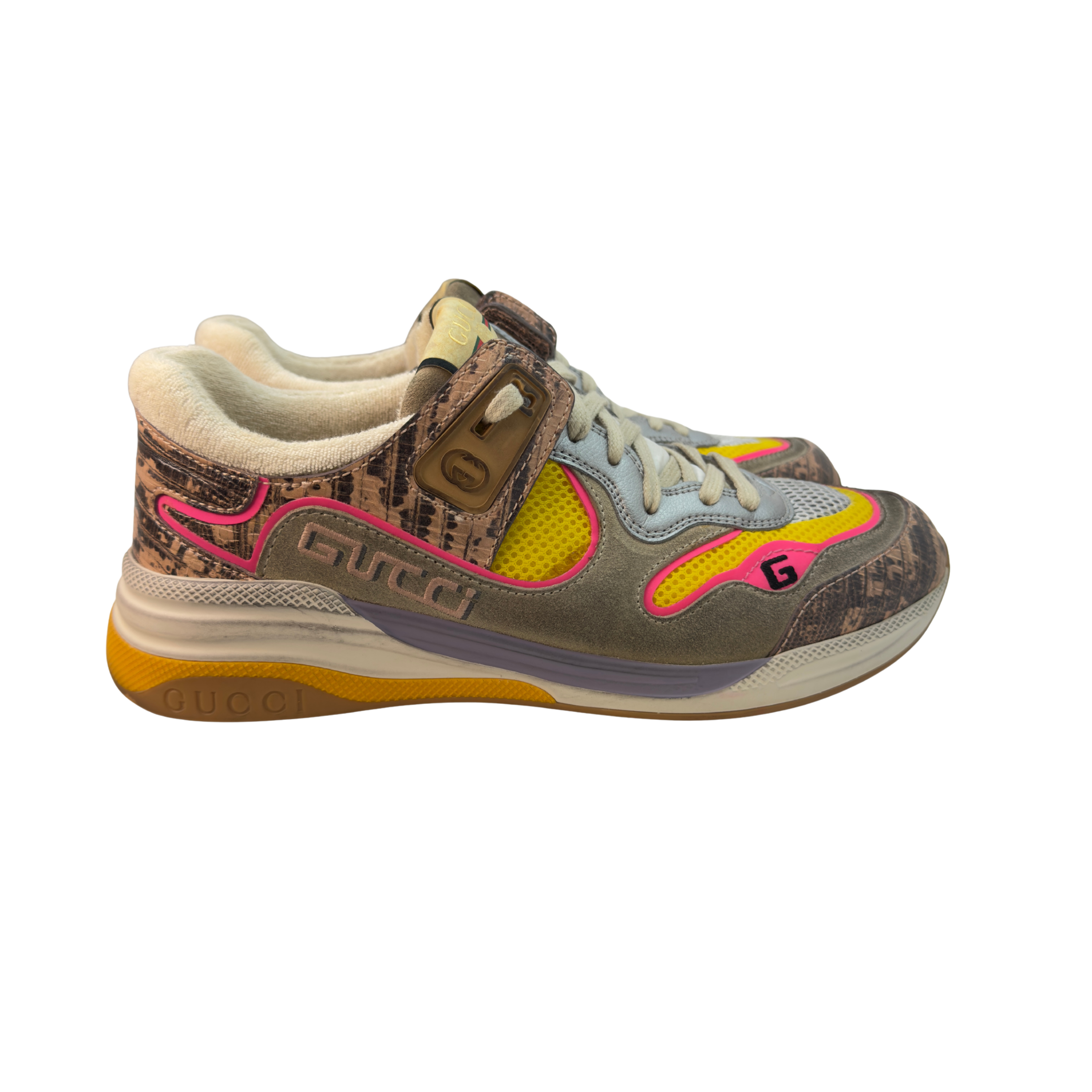Gucci Suede Calfskin Tejus Printed Womens Ultrapace Sneakers Pink Silver Oatmeal Yolk 39