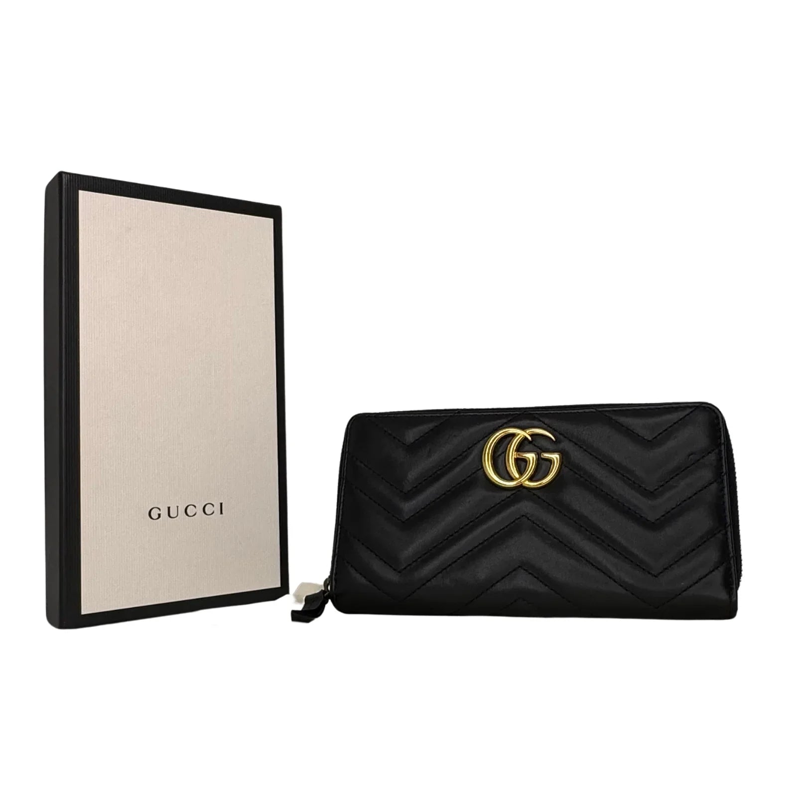 Gucci GG Marmont Zip-Around Long Wallet Black Matelassé Chevron Leather