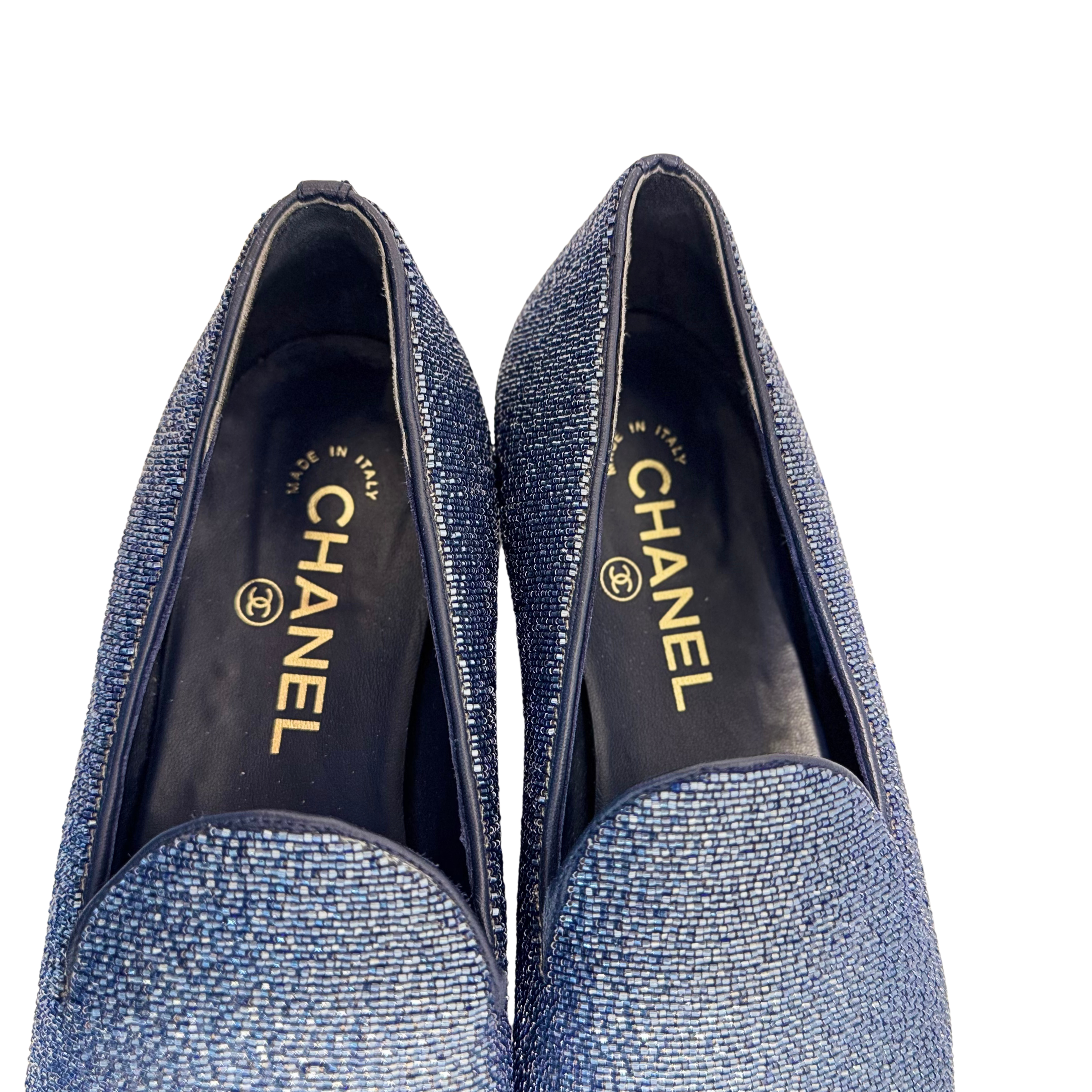 Chanel Glitter Loafers Lurex Fabric 38 Blue/Black