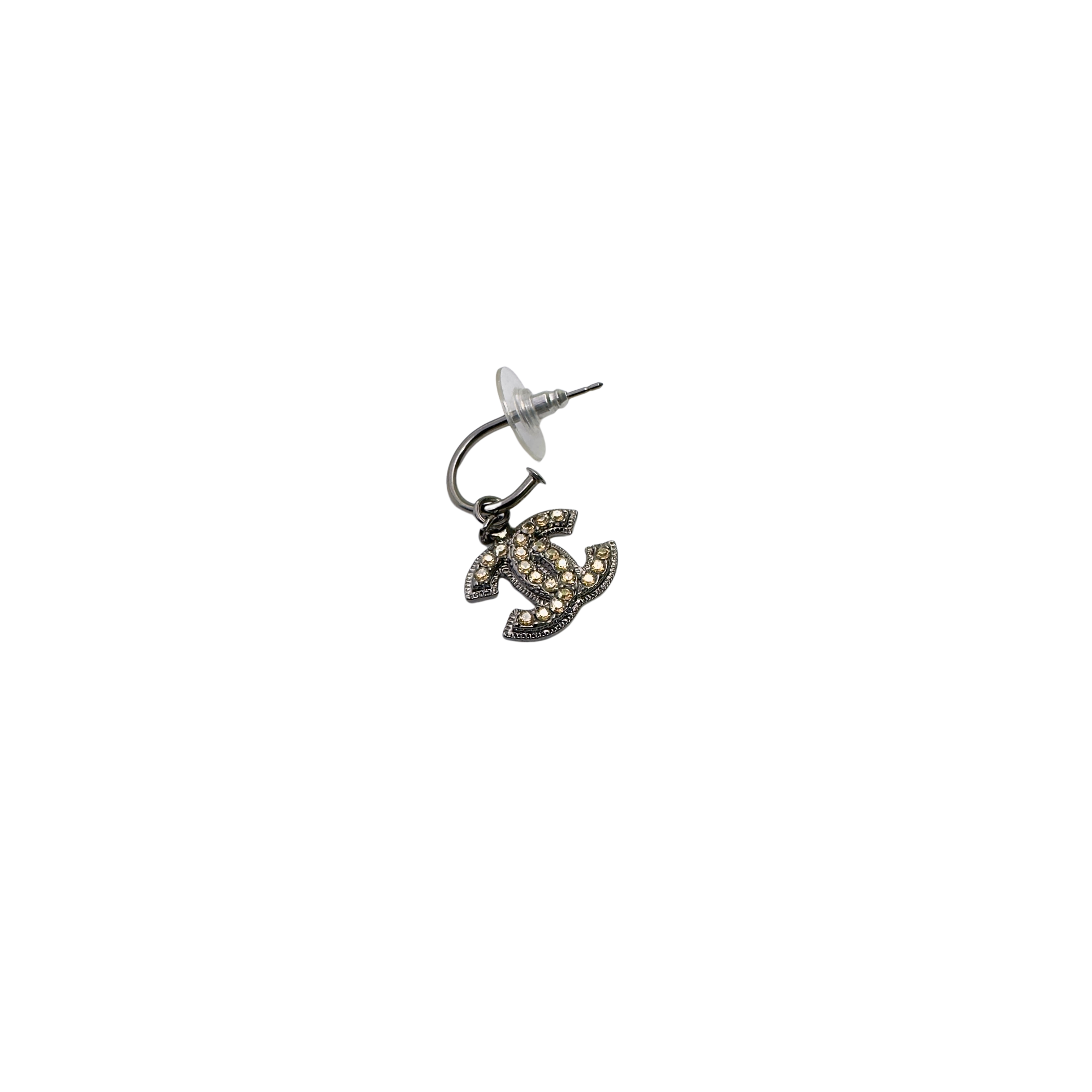 Chanel Gunmetal CC Peach Crystal Rim Hoop Earrings