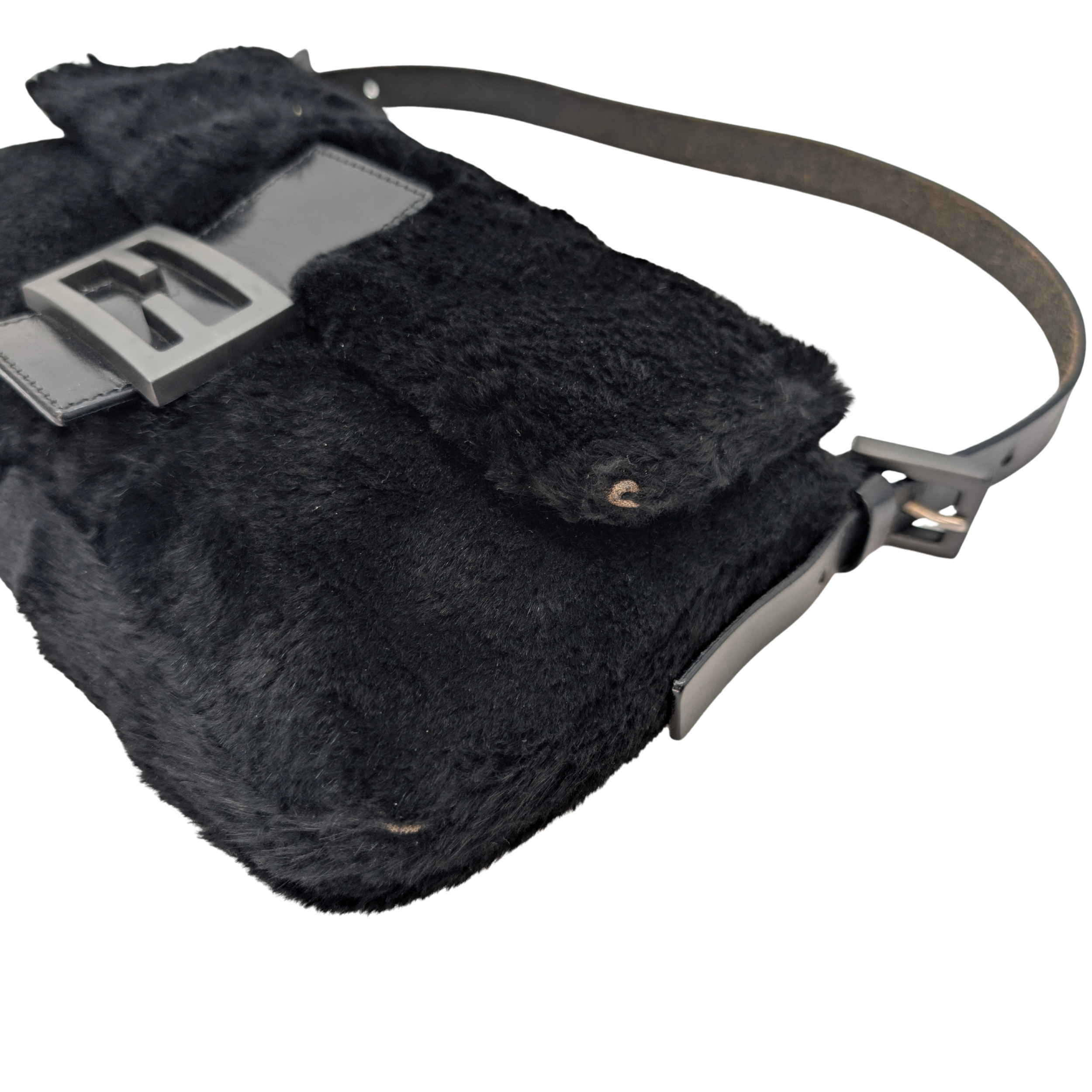 Fendi Rabbit Fur Baguette Handbag Black