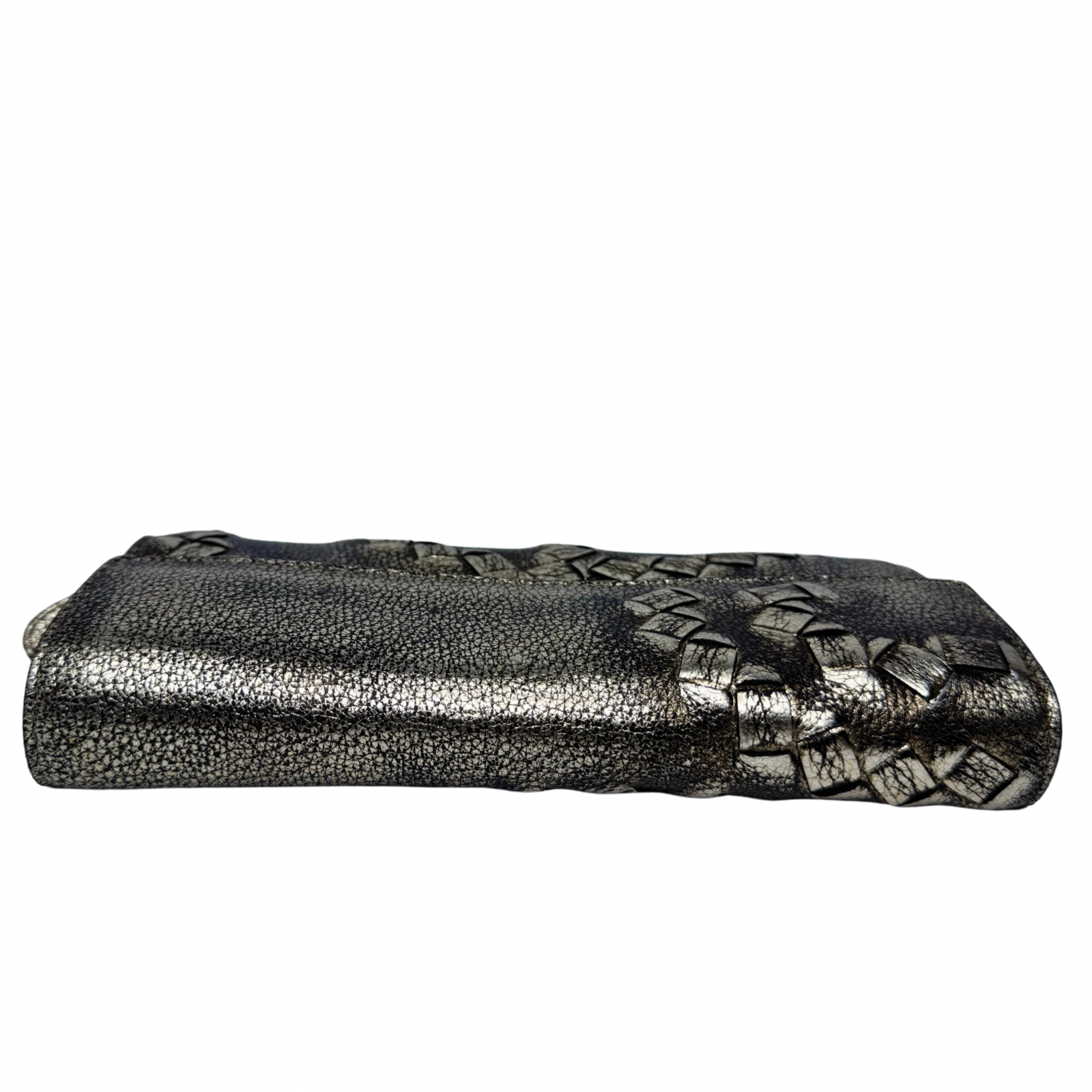 Bottega Veneta Metallic Pewter Woven and Pebbled Leather Long Wallet