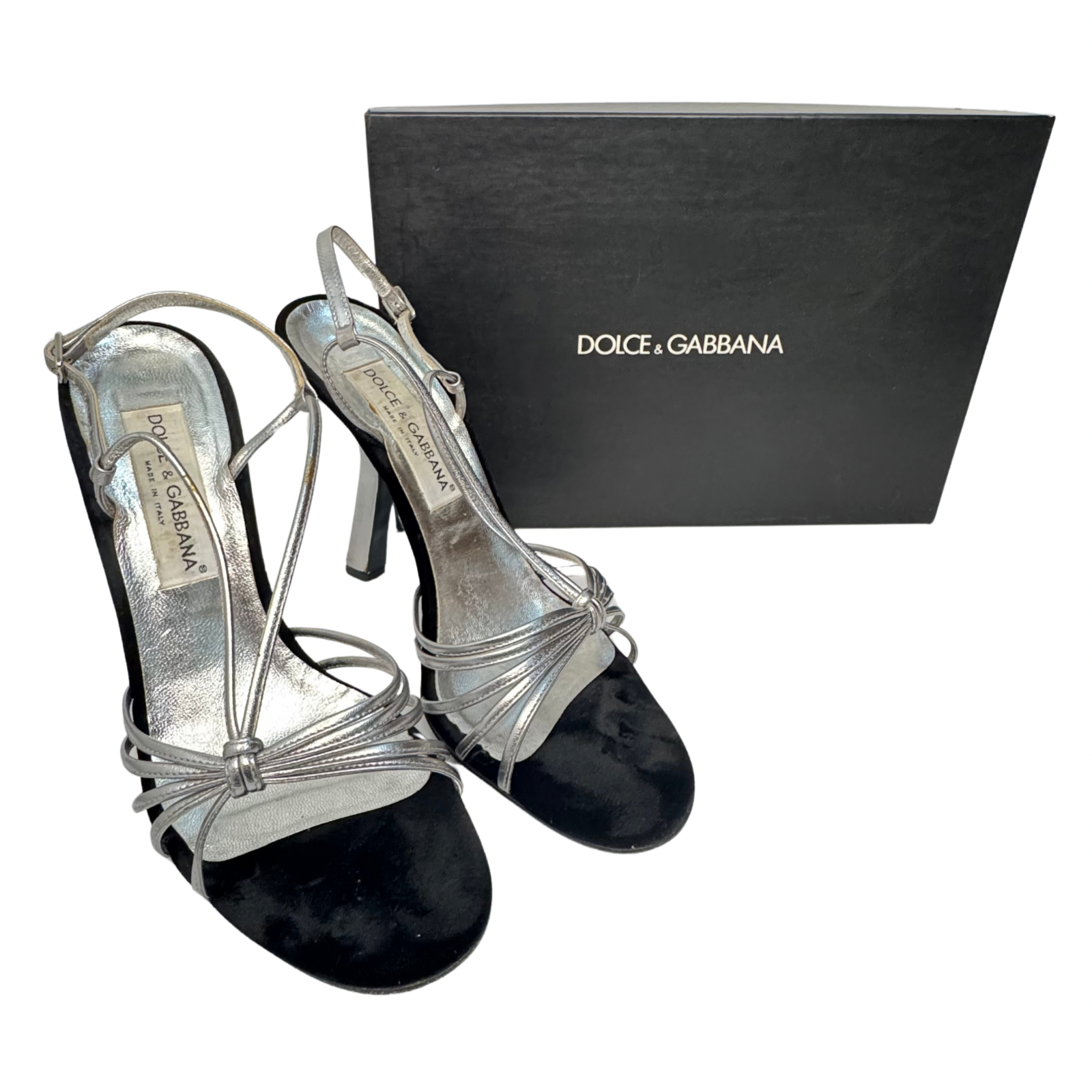 DOLCE & GABBANA Silver Metallic & Black Velvet Strappy Heels - Size 39.5