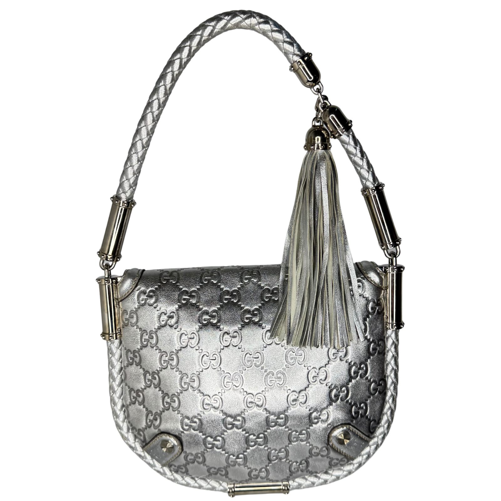 Gucci Guccissima Small Britt Tassel Shoulder Bag – Silver