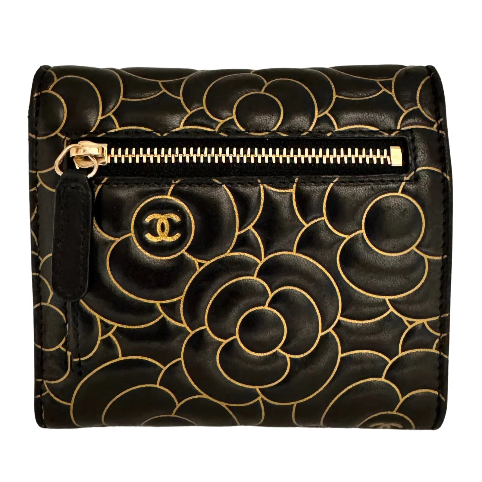 Chanel Lambskin Camellia Embossed Wallet in Black & Gold