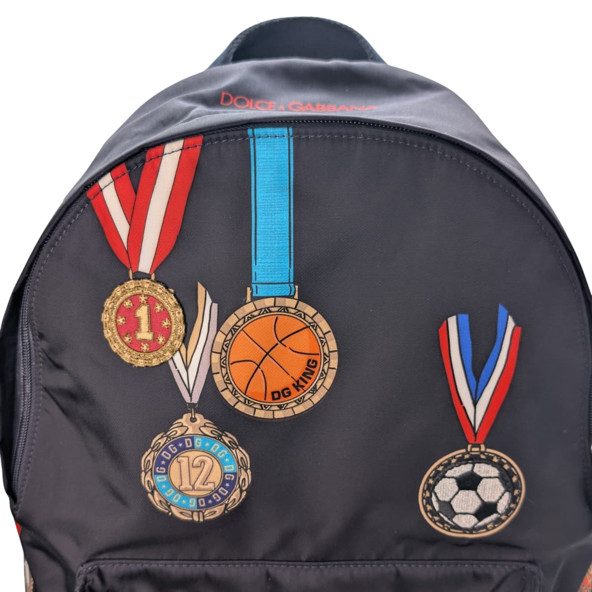 Dolce & Gabbana Backpack With Medal Print Nylon Navy Blue