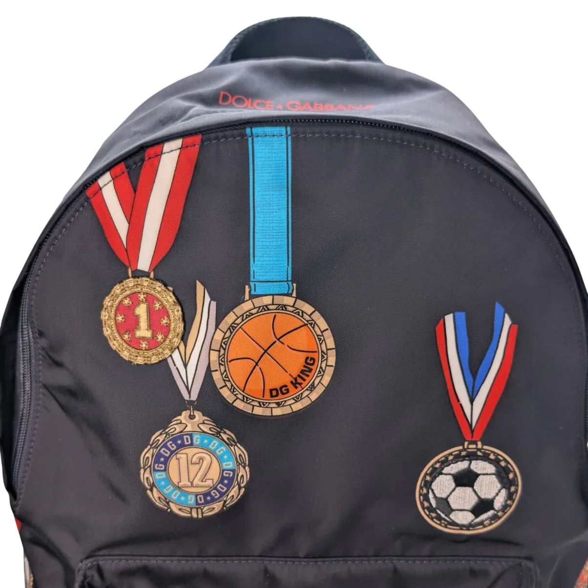 Dolce & Gabbana Backpack With Medal Print Nylon Navy Blue - Lost Designer