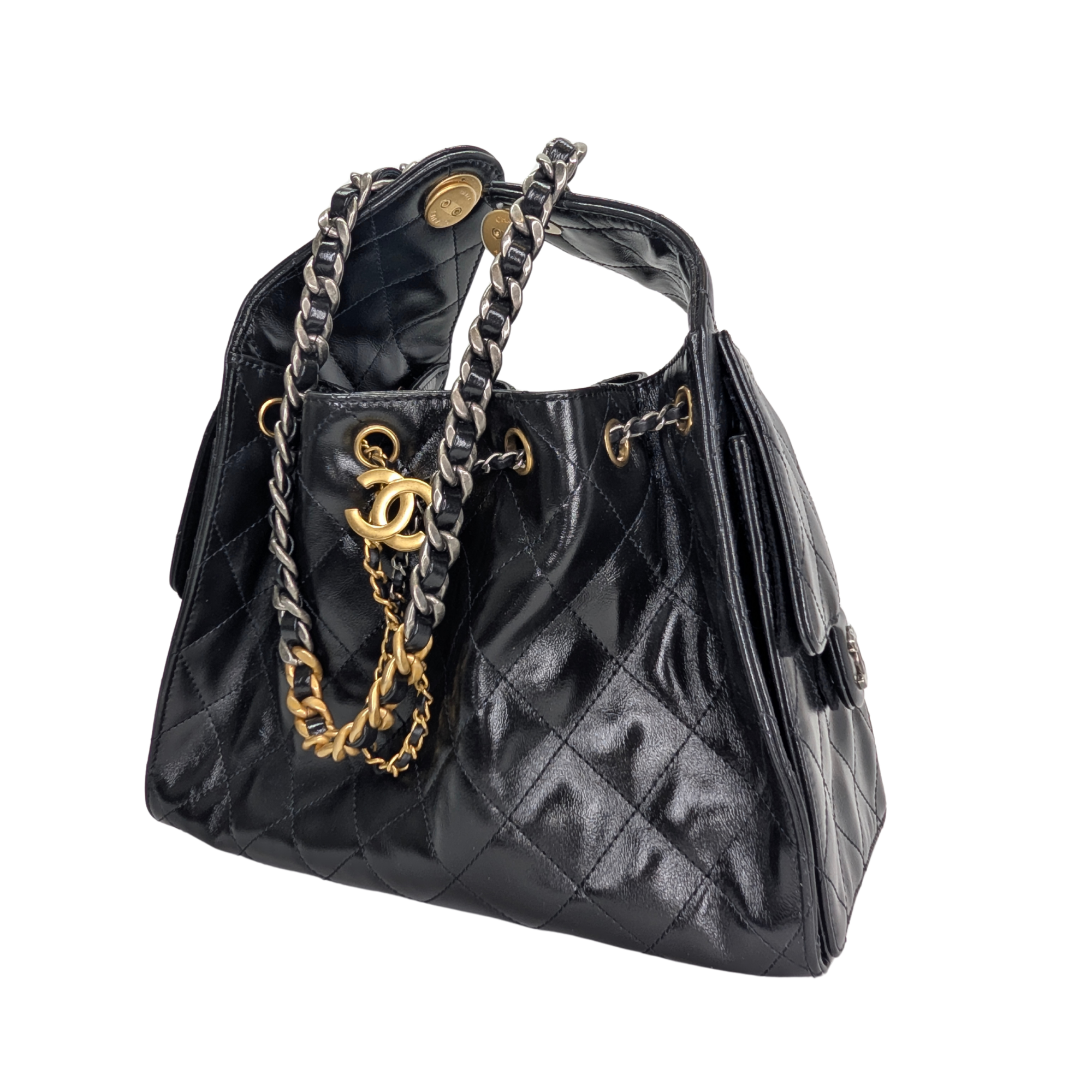 Chanel Small 25 Gold Tone Crumpled Calfskin Handbag Black