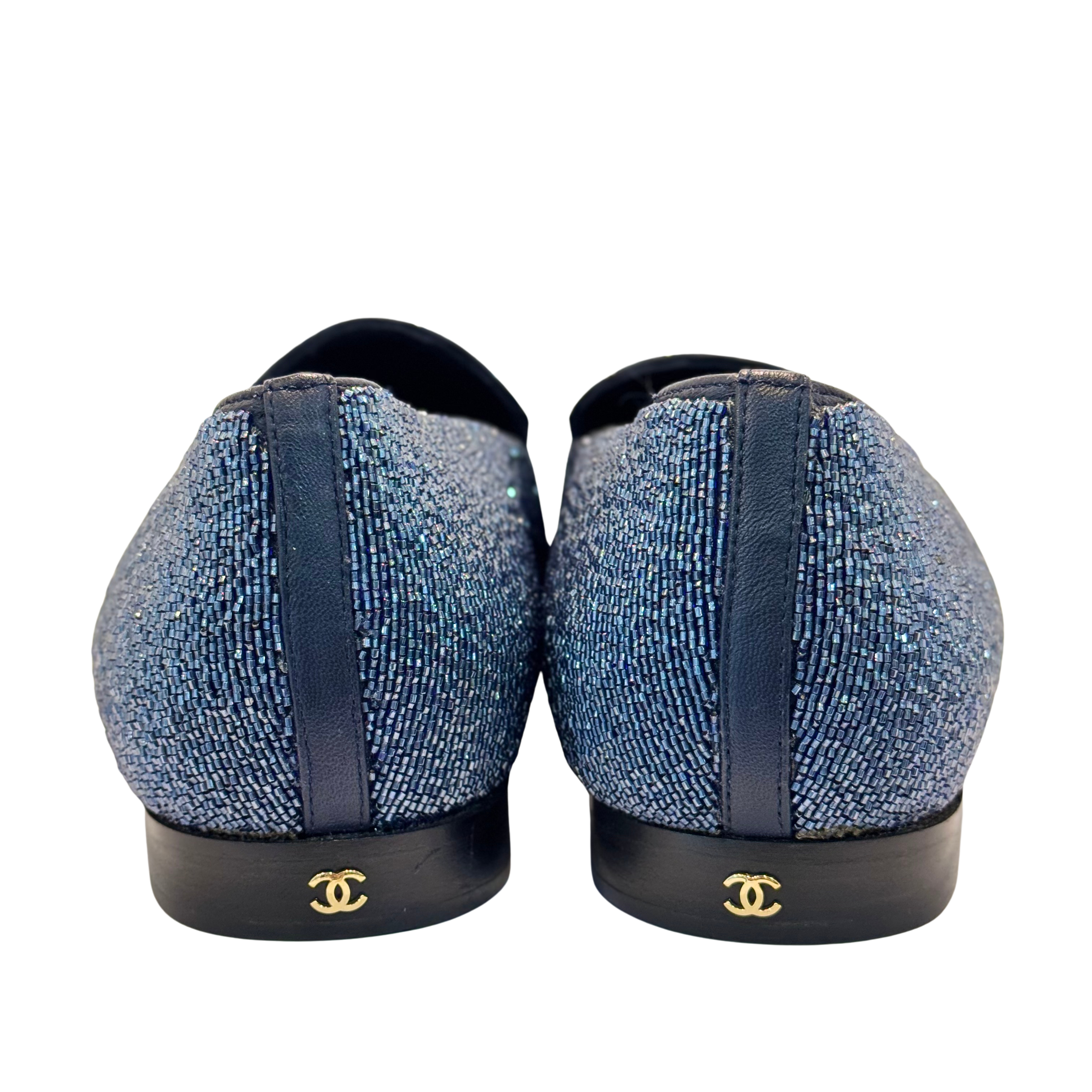 Chanel Glitter Loafers Lurex Fabric 38 Blue/Black