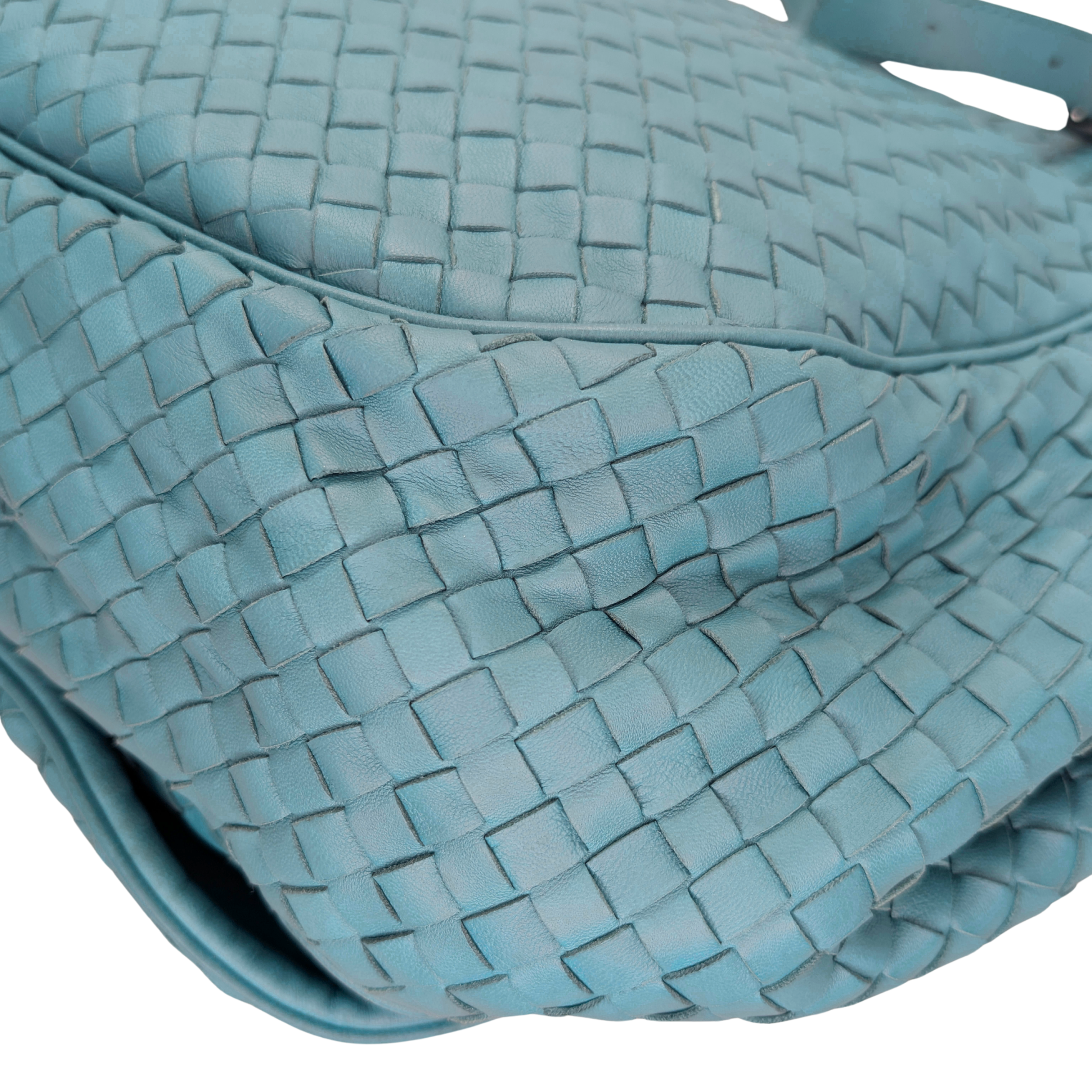 Bottega Veneta Tabita Drawstring Flap Intrecciato Shoulder Bag Blue