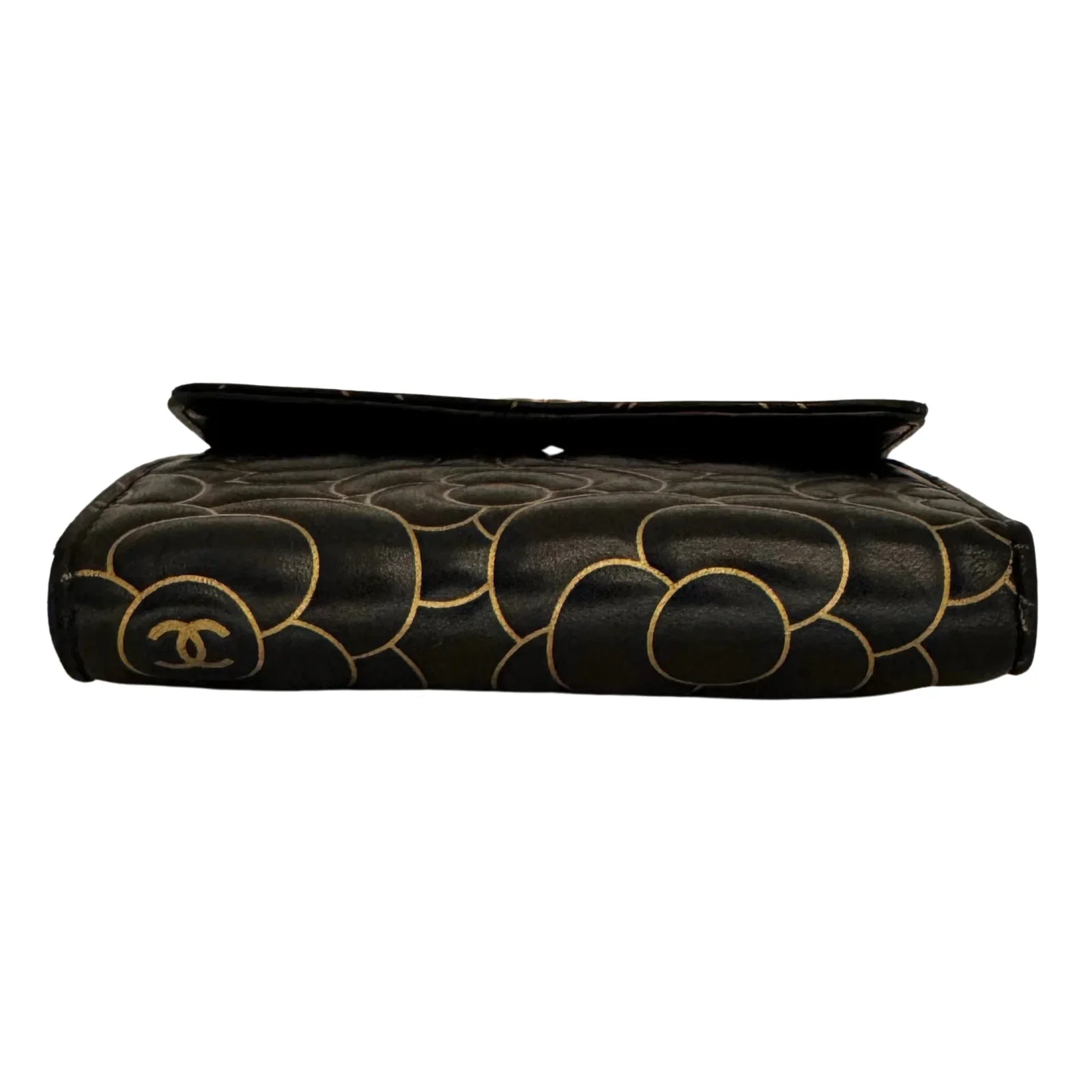 Chanel Lambskin Camellia Embossed Wallet in Black & Gold