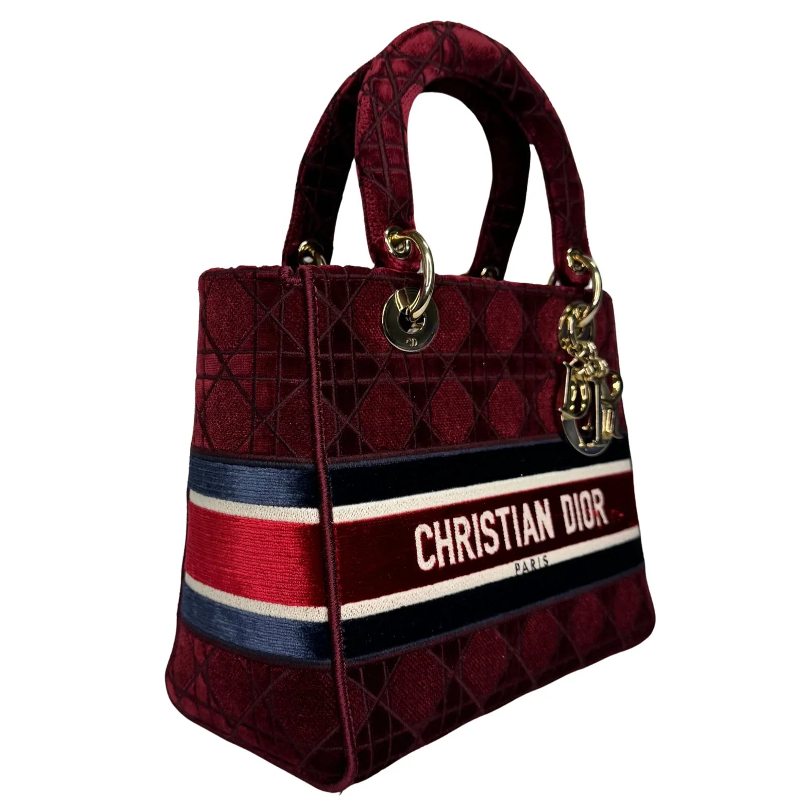 Christian Dior Velvet Cannage Medium Lady D-Lite Bag Burguandy
