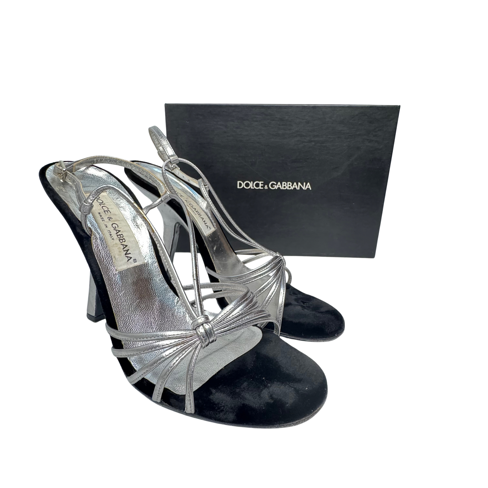 DOLCE & GABBANA Silver Metallic & Black Velvet Strappy Heels - Size 39.5