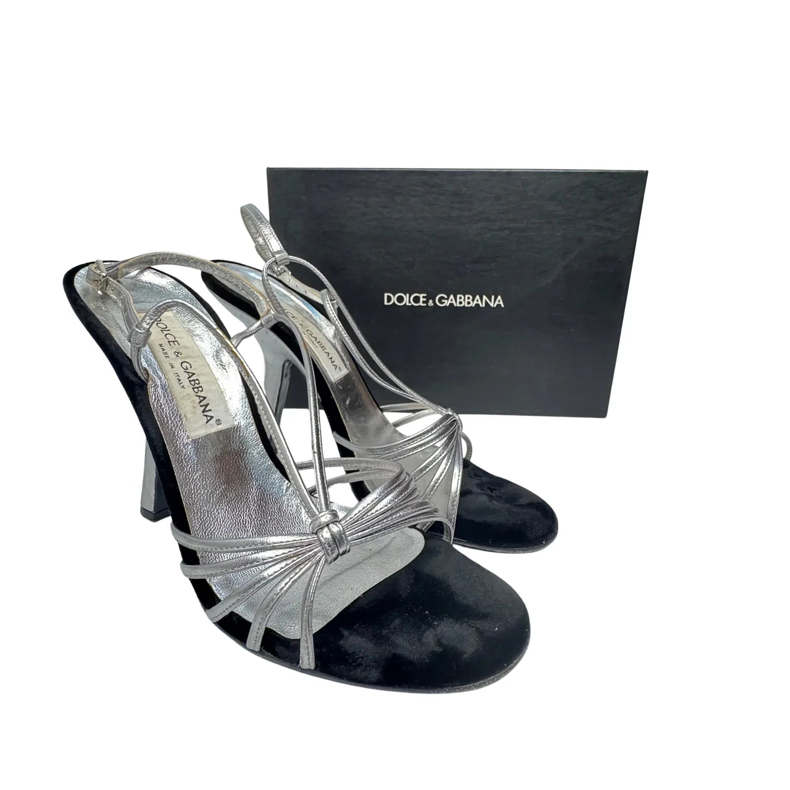 DOLCE & GABBANA Silver Metallic & Black Velvet Strappy Heels - Size 39.5