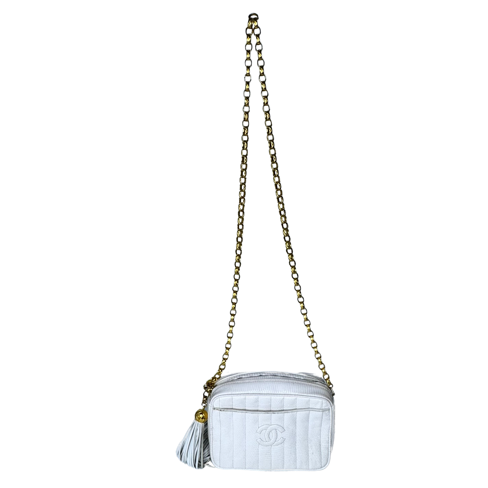 Chanel Vintage White Lizard Tassel Camera Crossbody Bag