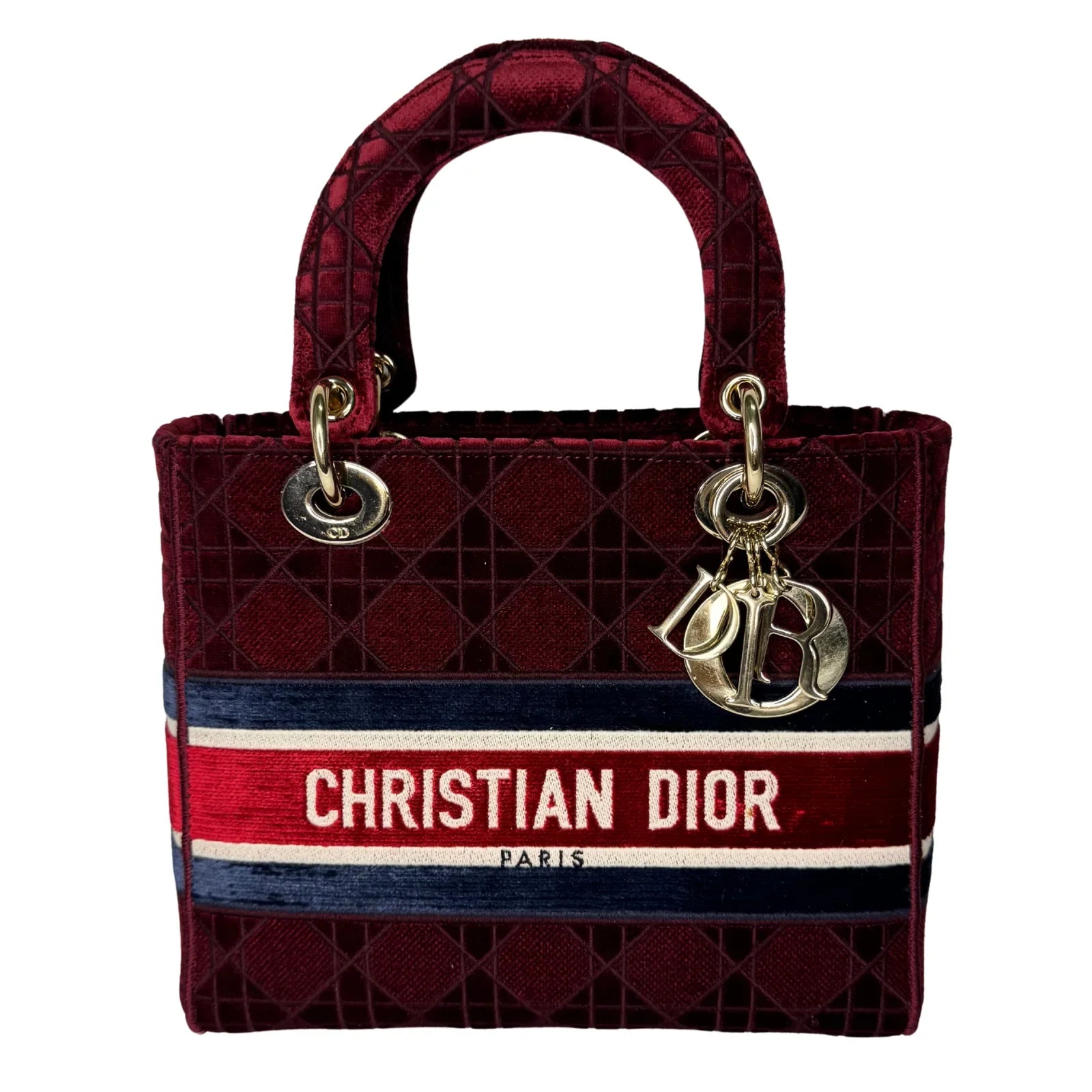 Christian Dior Velvet Cannage Medium Lady D-Lite Bag Burguandy