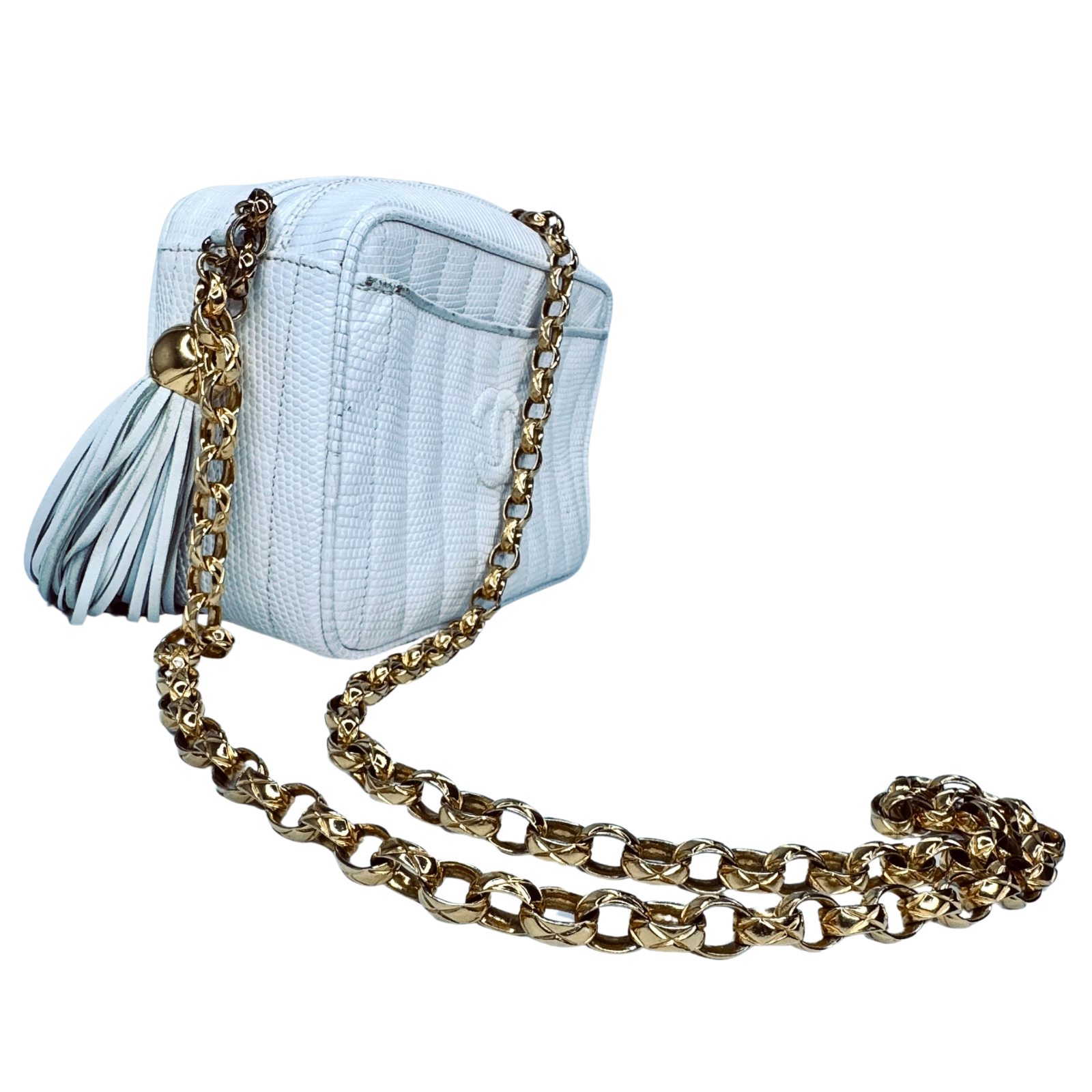 Chanel Vintage White Lizard Tassel Camera Crossbody Bag